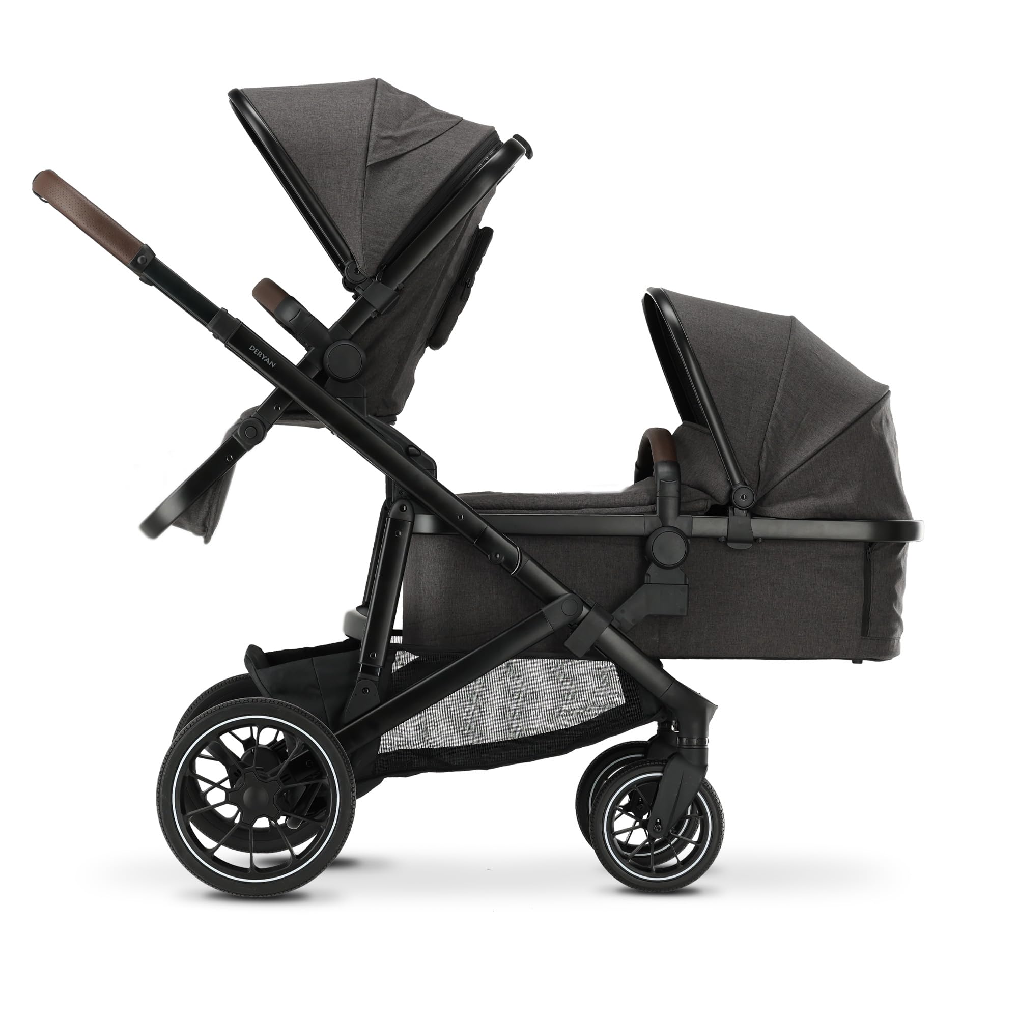 Deryan Evy V2 Kinderwagen für 2 Kinder - für Neugeborene, Kleinkinder im Vorschulalter - Baby Kinderwagen Buggy bis 50kg - Baby Zwillingsbuggy Wagen - Reise 2 in 1 Komplettset - Grau