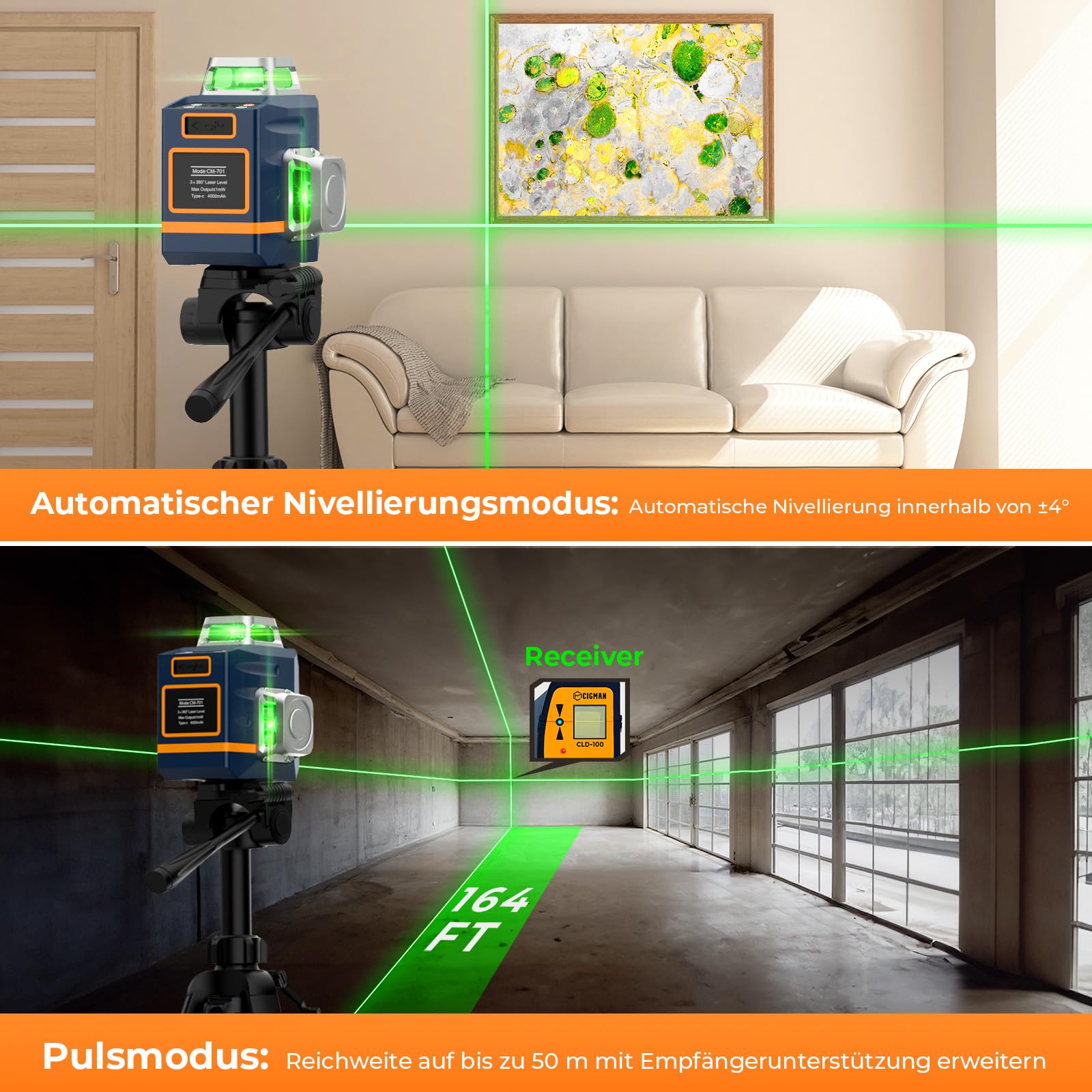 Kreuzlinienlaser mit Stativ, CIGMAN 3x360 Grad Grün Selbstnivellierend Laser Wasserwaage mit 1,4m -Aluminium-Baustativ, Baulaser Kreuzlaser Linienlaser bis zu 30 Stunden mit Lithium-Batterie,CM701T