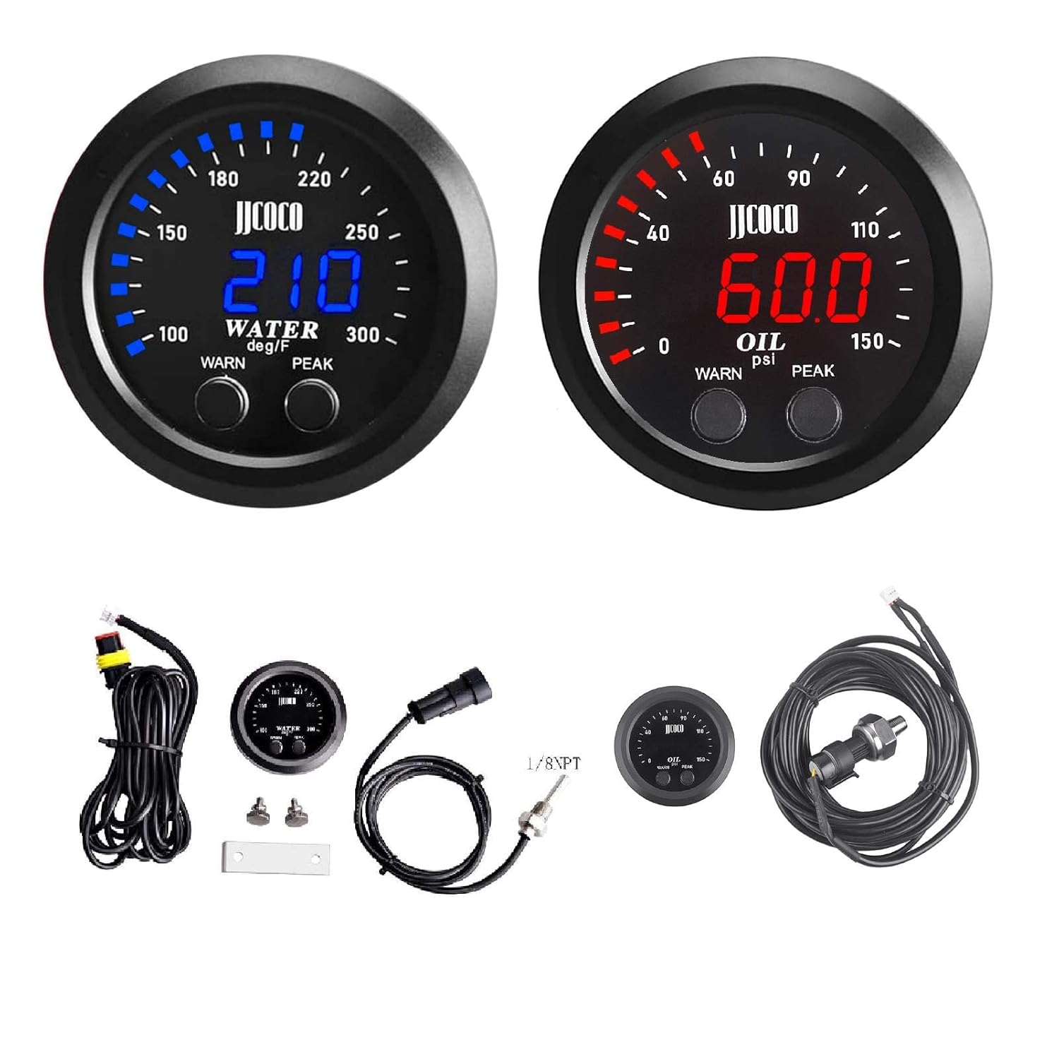Universal 52mm Water Temperature Gauge Oil Pressure Gauge Kit with Alarm and 1/8 NPT Electronic Sensor