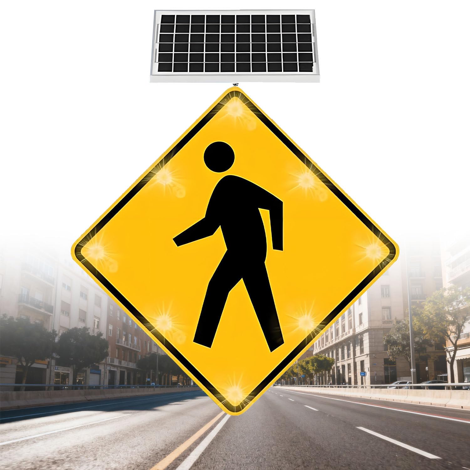 Señal de cruce de peatones LED solar de alta visibilidad, marco de metal resistente al óxido, señal de advertencia intermitente para seguridad al aire libre, ideal para control de tráfico
