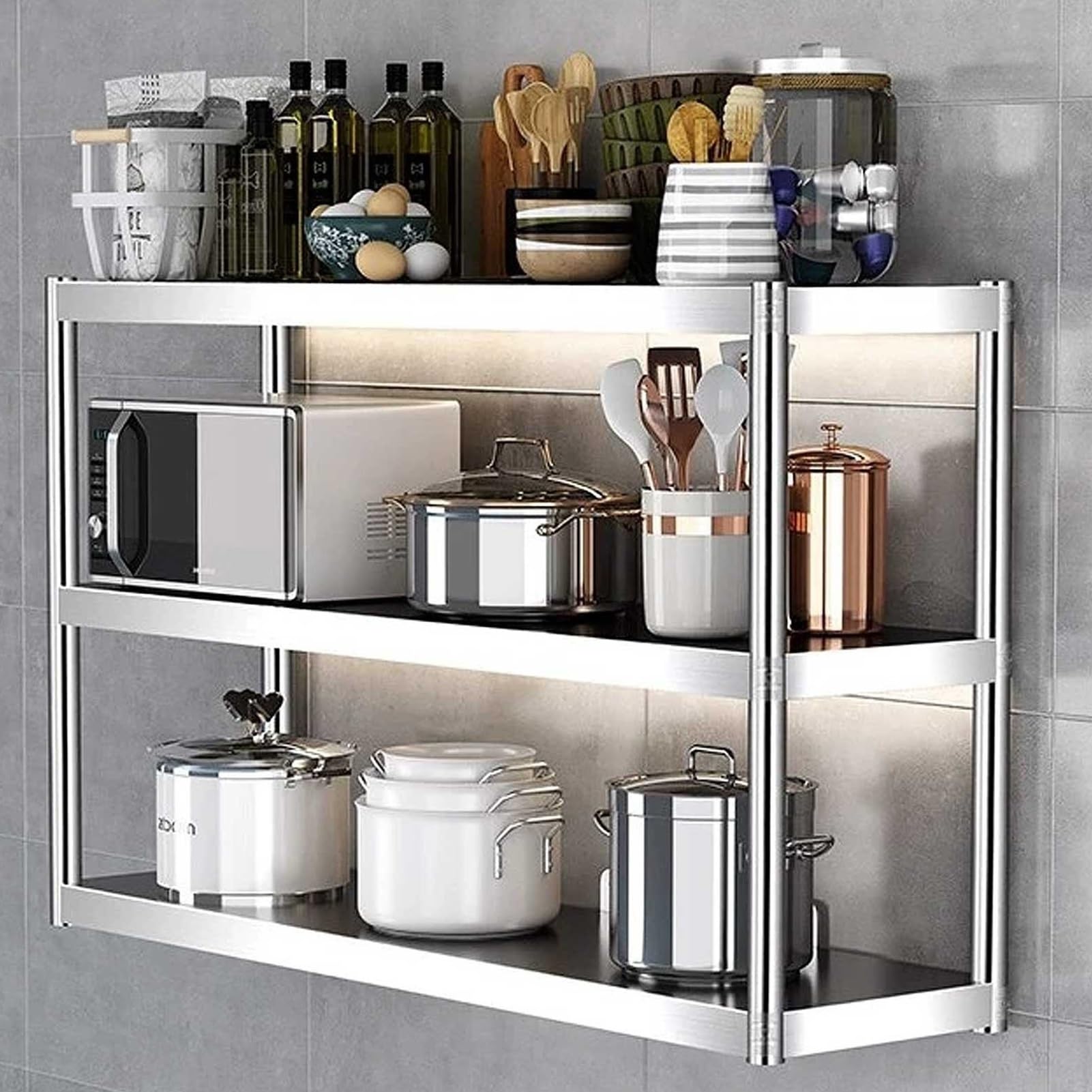 Scaffale da cucina a 3 ripiani in acciaio inox, con spazio per microonde, versatile, per dispensa, ripostiglio, garage, lavanderia (70 x 30 x 75 cm)