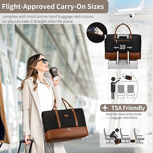 Miniatura 6 de Bolsa de fin de semana, bolsa de viaje grande para mujer, bolsa de mano con compartimento para zapatos y bolsas de aseo, A-negro (poliéster)