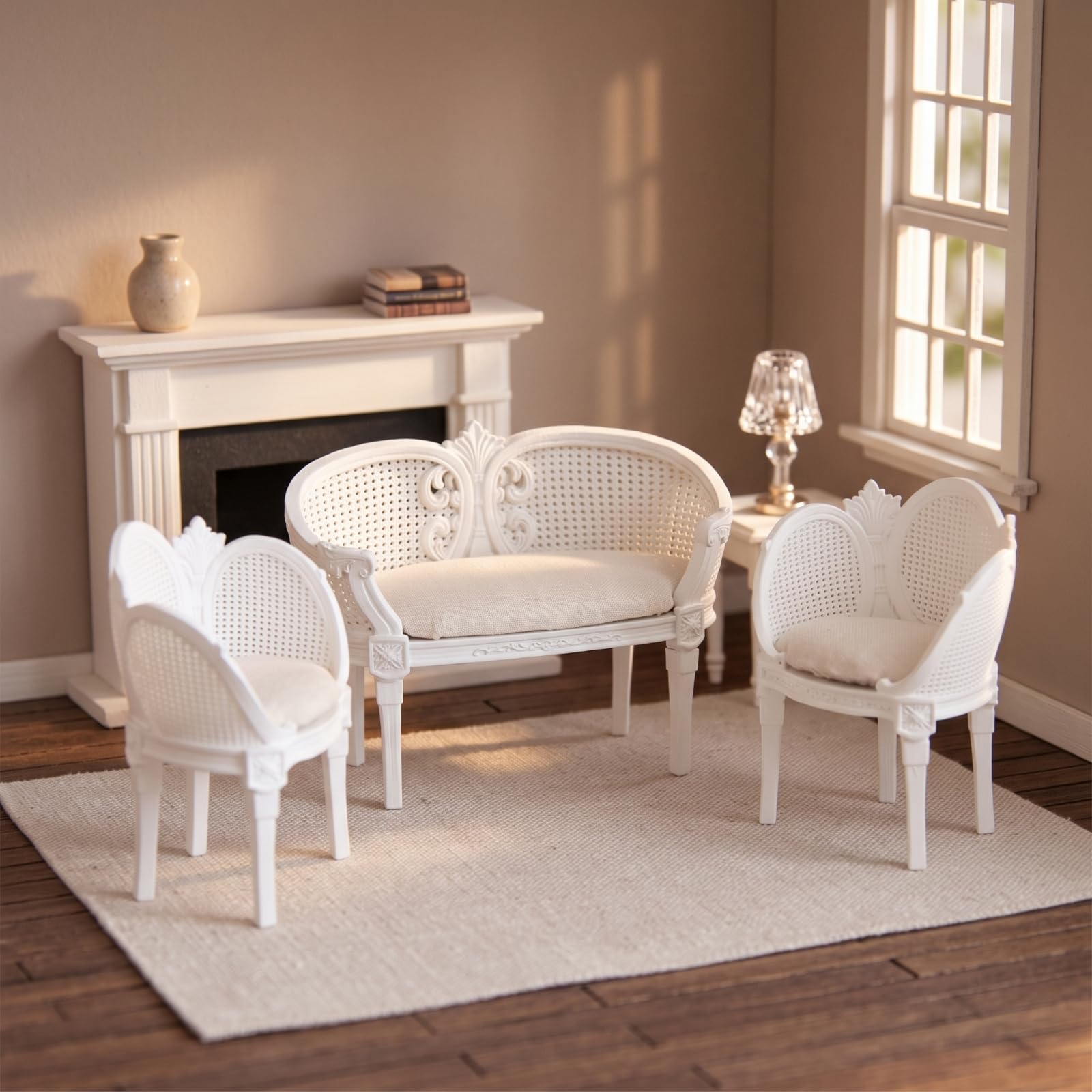Divanetto in 1/12 con Rattan Tessuto Decorativo Centrale con Cuscino Padded E Gambe Dritte Adatto per Esposizioni E Ambienti Classici