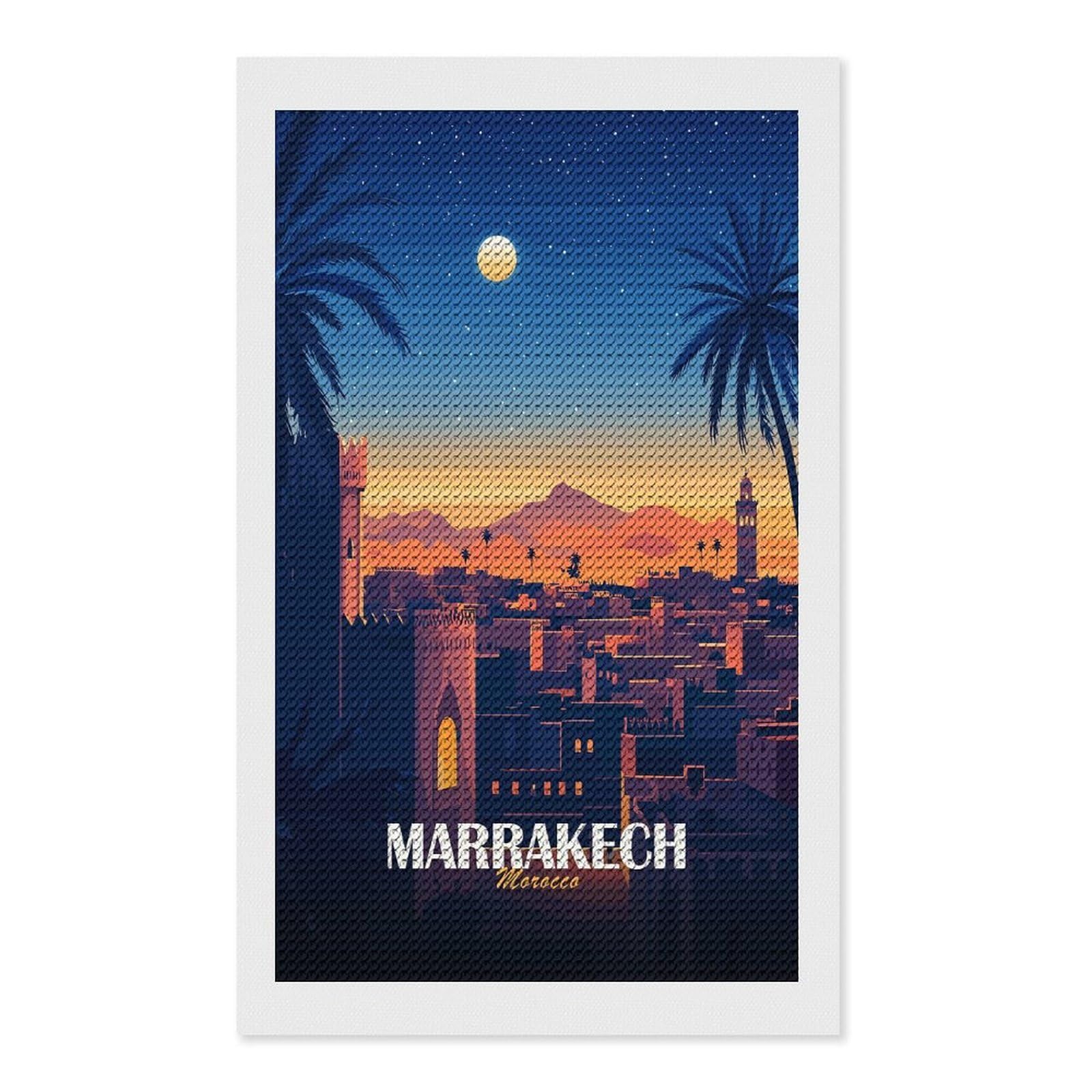 Junmoney Marrakech, Morocco Cityscape at Night Diamond Painting Set 12"x20", Neat Printed Canvas, with Tool Kit, Bedroom Decor, Gift Idea, Complete Accessories