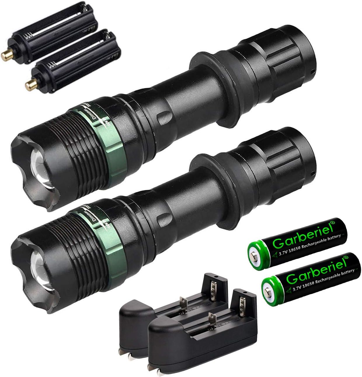 Garberiel 2 Pack Tactical Flashlight with Battery and Charger - Waterproof Rechargeable Camoping Torch 3000 Lumens LED Flashlight