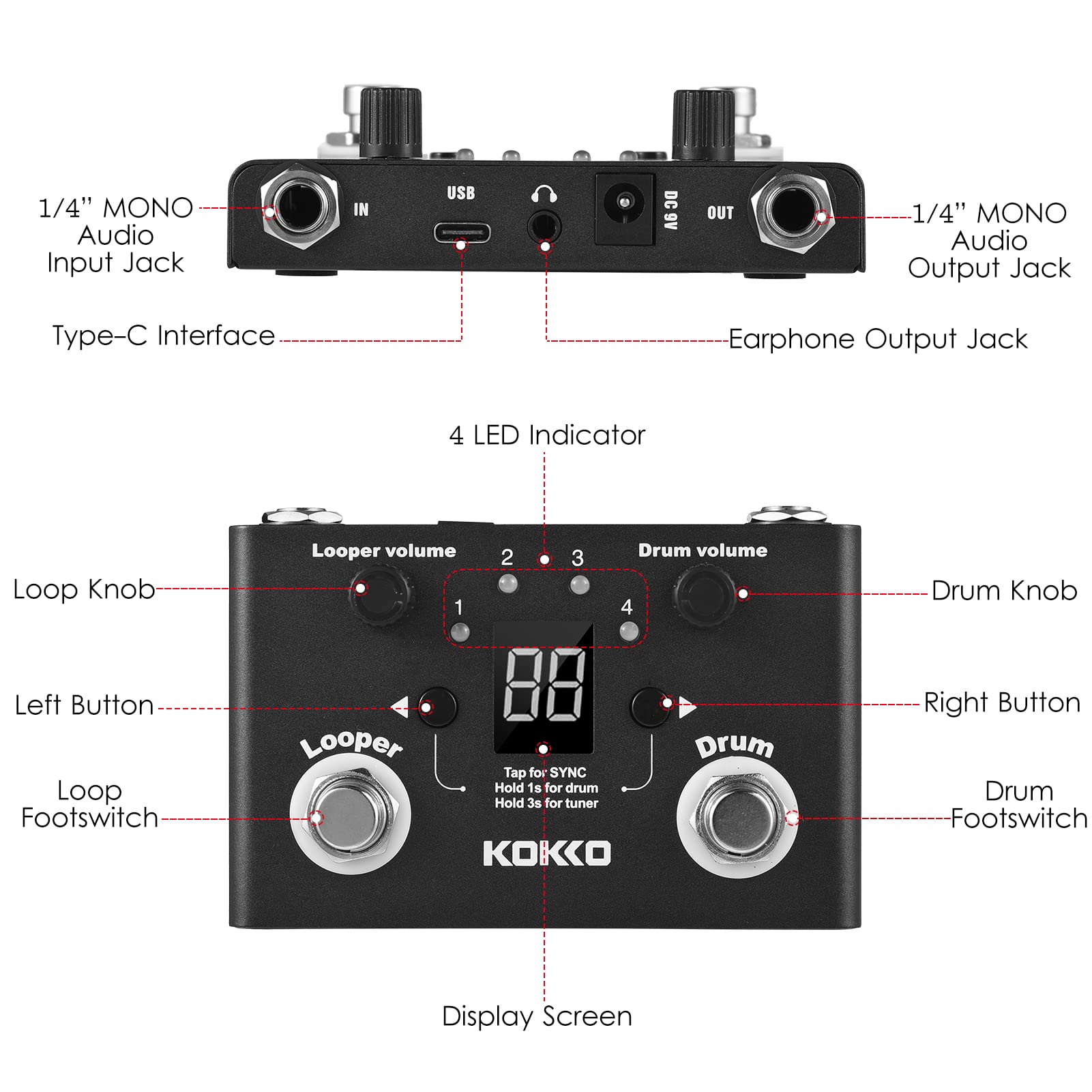 Multifonctionnel Drum & Looper Effet Pedal Tuner BT Page-Turner Phrase Loop Recording Drum Machine Effect Compact Pedal Instrument de musique portable Pédale d'effet Tuner numérique,Pédale d