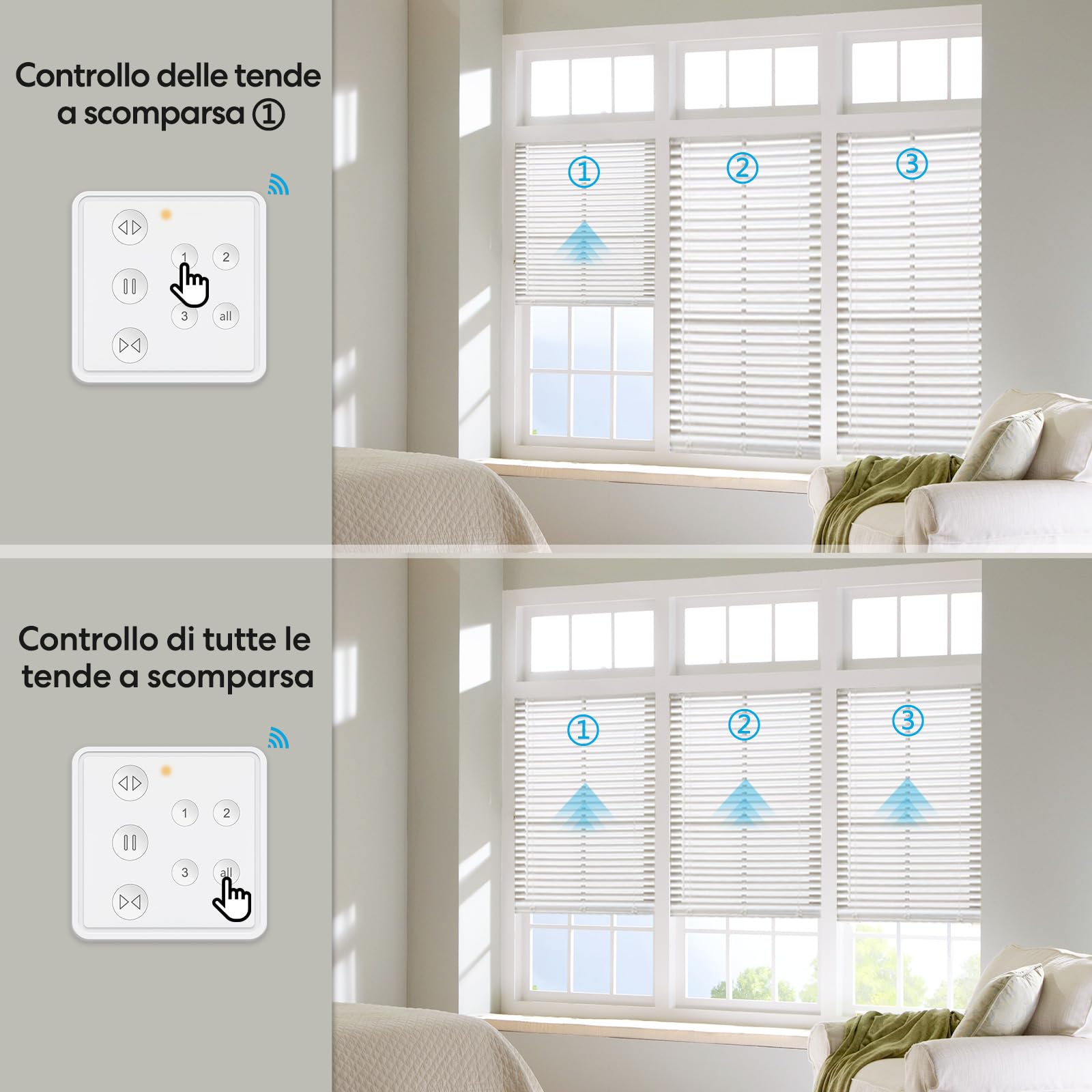LoraTap Comando 3 Tapparelle: 1 Telecomando 3 Motori Senza Ricablaggio 230V | Singolo o tutti – Niente Wi-Fi o app – Interruttori mantenuti – Veneziana/Tenda da sole/Aprifinestra