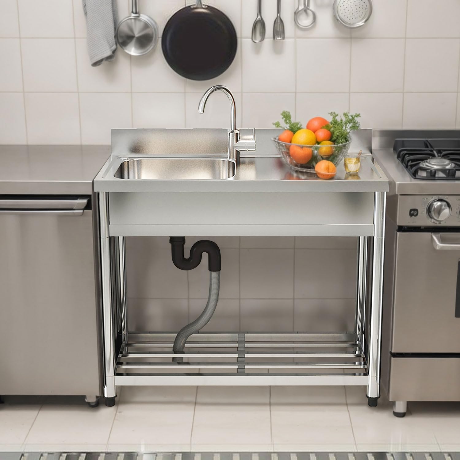 Freistehende Spüle Edelstahl Spültisch mit Ausgussbecken & Arbeitsplatten robuster Spültisch mit abgerundeten Ecken ohne Wasserhahn 100 x 50 x 90 cm für Küche, Restaurant & Cafe