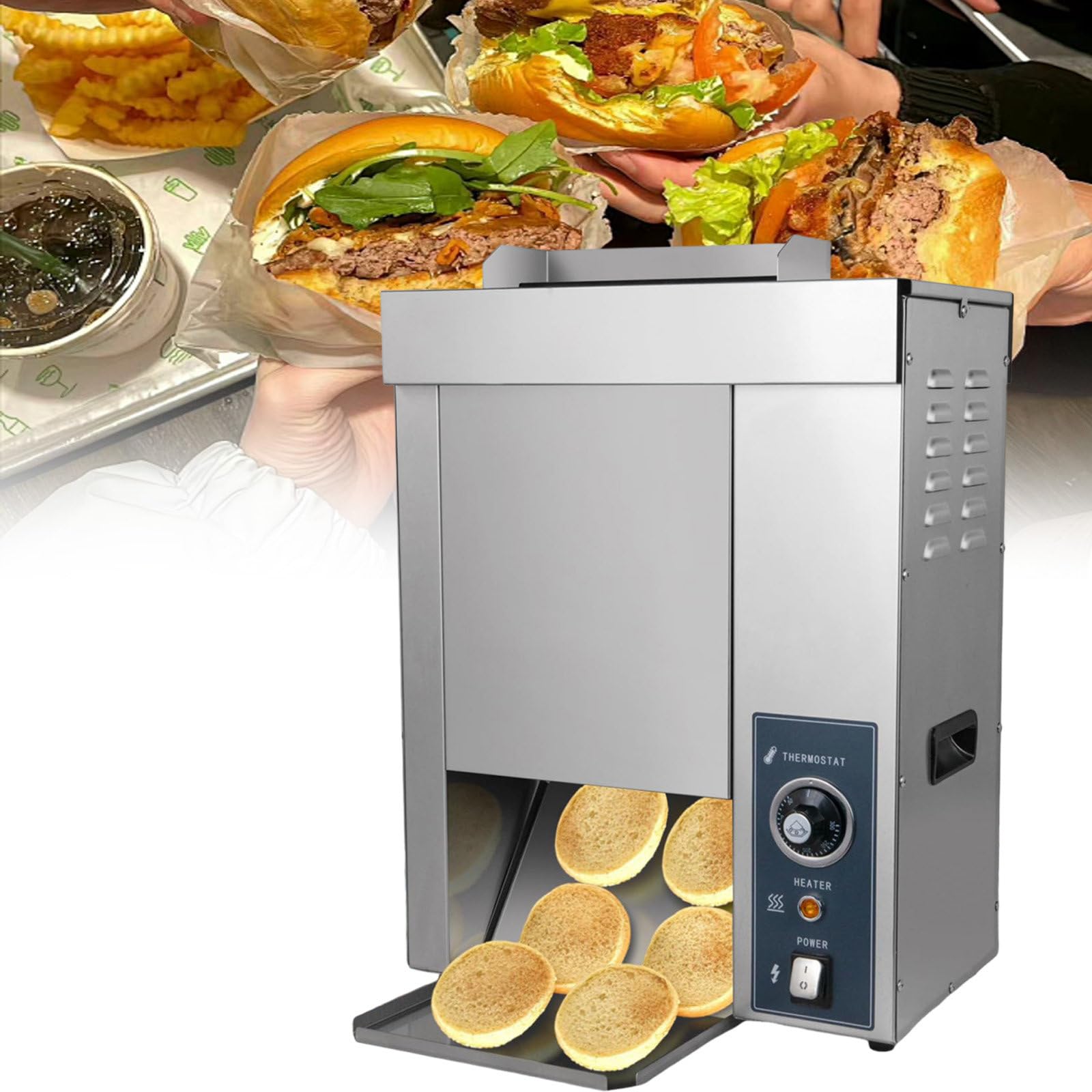 Mały opiekacz do hamburgerów, 2000 W, opiekacz do bułek, grubość dolna 12,2-20,6 mm, 50-300°C, stal nierdzewna spożywcza – idealny do food trucków, kawiarni i sklepów spożywczych.