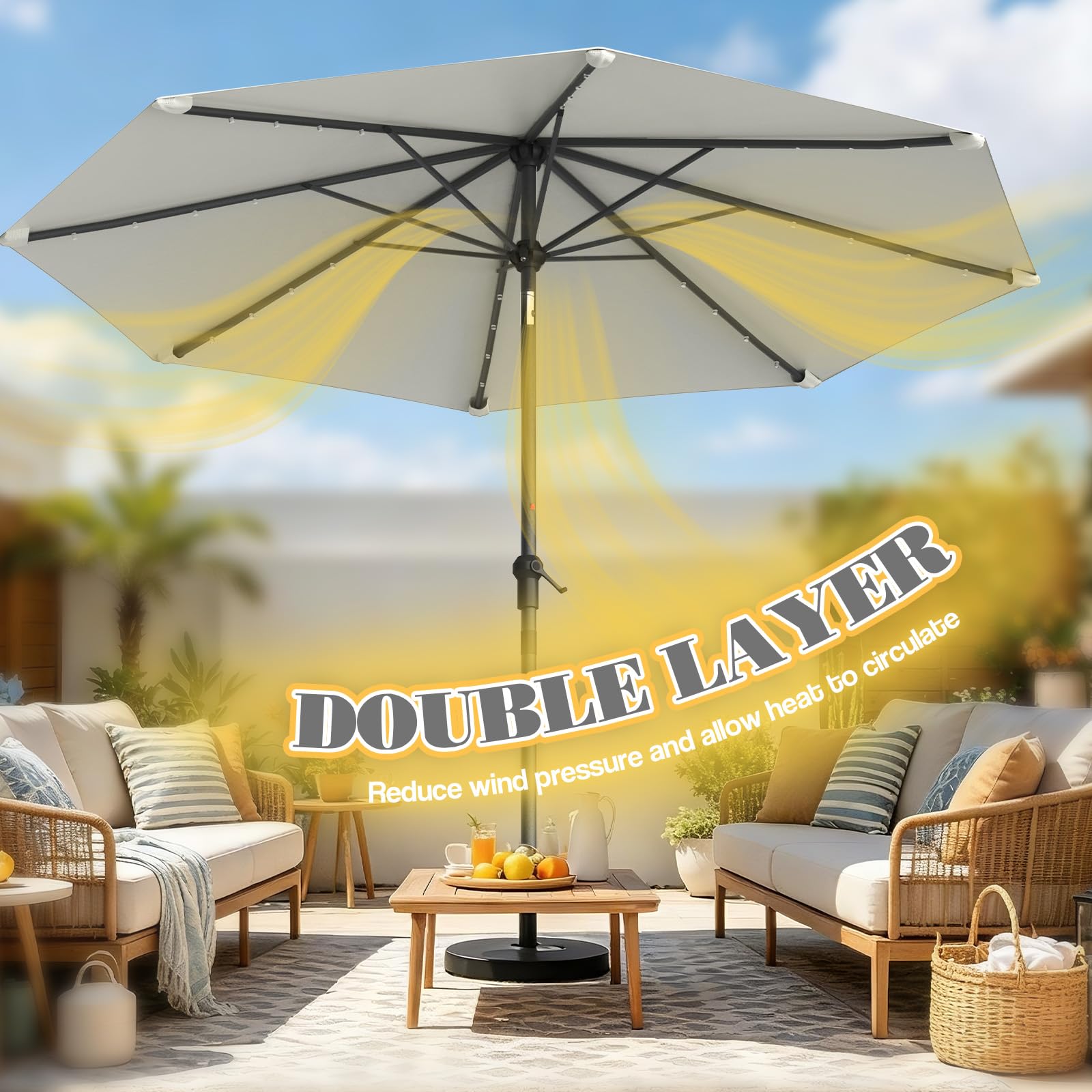 Sonnenschirm mit Beleuchtung Solar, Kleiner Balkonschirm Kippbar 45° ohne Ständer Windfest UV-Schutz, Gartenschirm Marktschirm Terrassenschirm Kurbelschirm Sonnenschutz