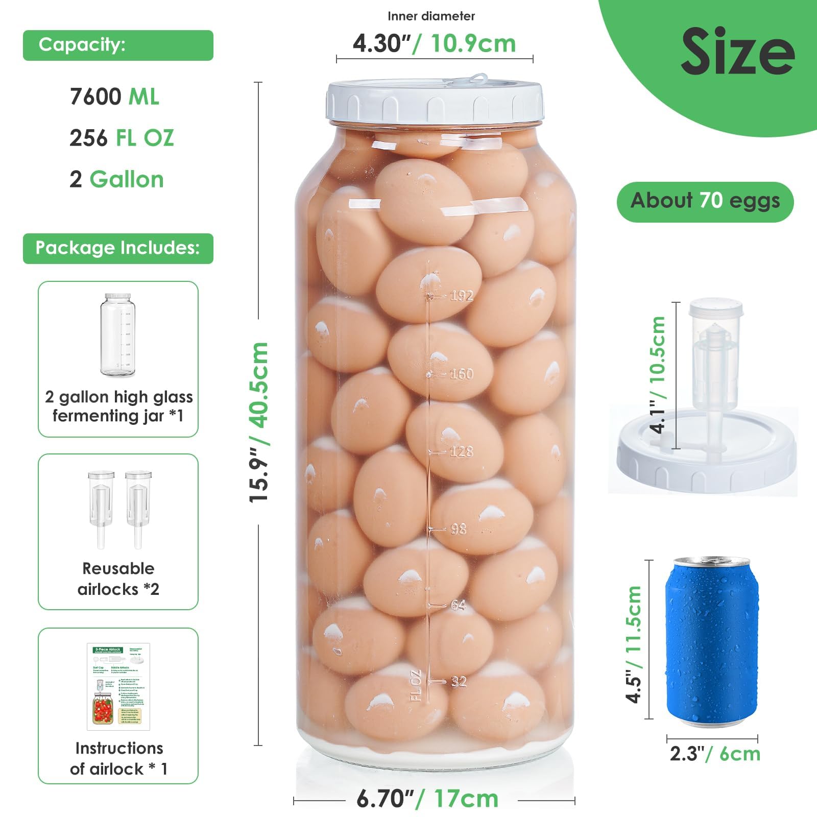 Qianfenie Tarro de vidrio de 2 galones con tapa hermética, suministros para hacer vino de boca ancha con 2 cierres de aire (7600 ml), tarro de fermentación de galón con marcas de escala transparentes
