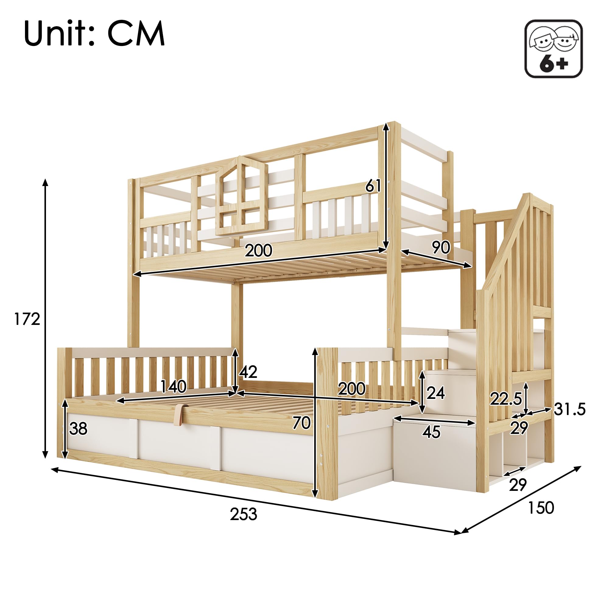 Letto a castello con cassettoni 90x200 cm & 140x200 cm, letto per bambini in stile baita con spazio di archiviazione, scala, protezione rialzata, in pino (J, 90x200cm&140x200cm)