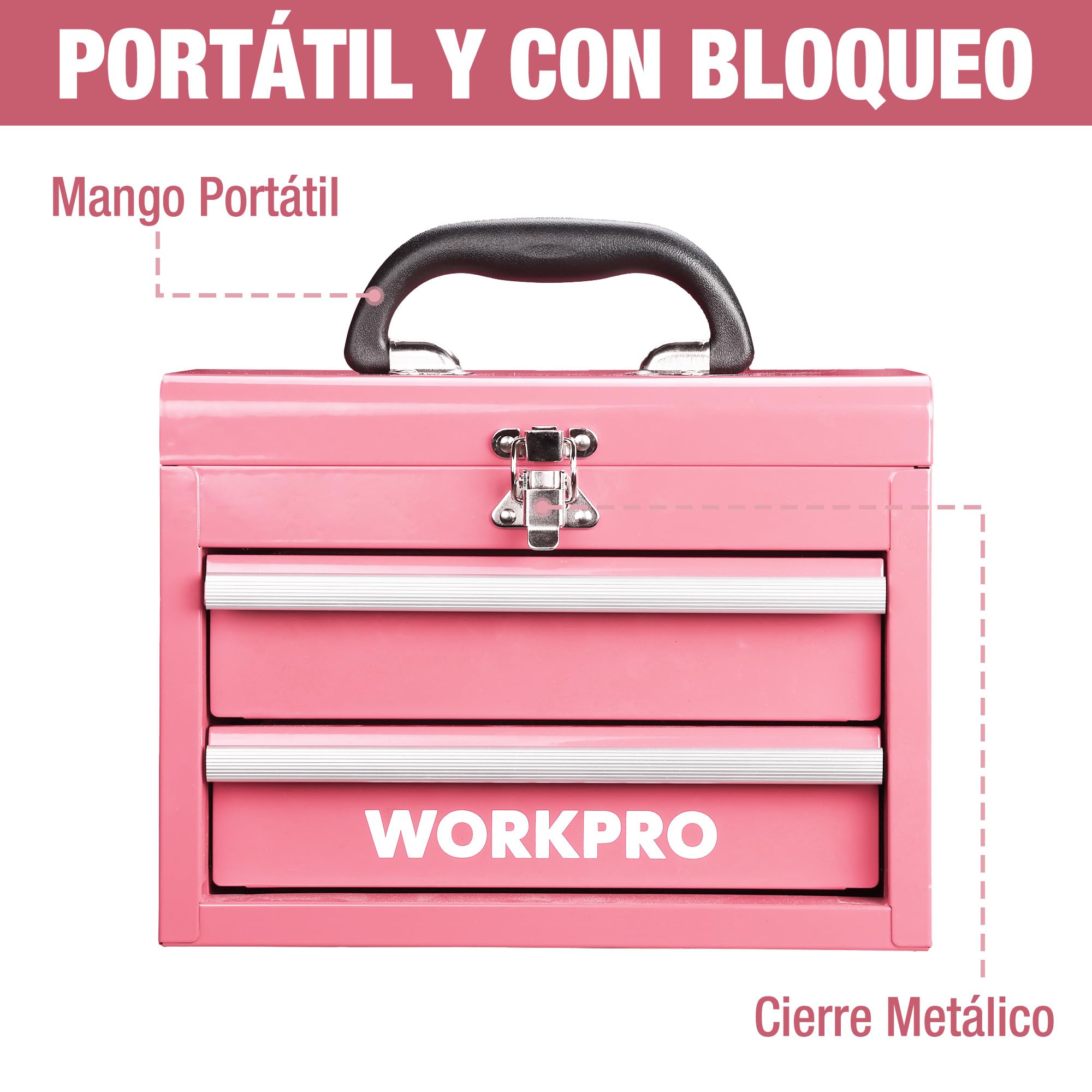 WORKPRO Maletín de Herramientas Metálico con 2 Cajones, Organizador Portátil Pequeño con Asa y Cerradura, Caja de Herramientas para Uso Doméstico, Oficina y Taller - Rosa