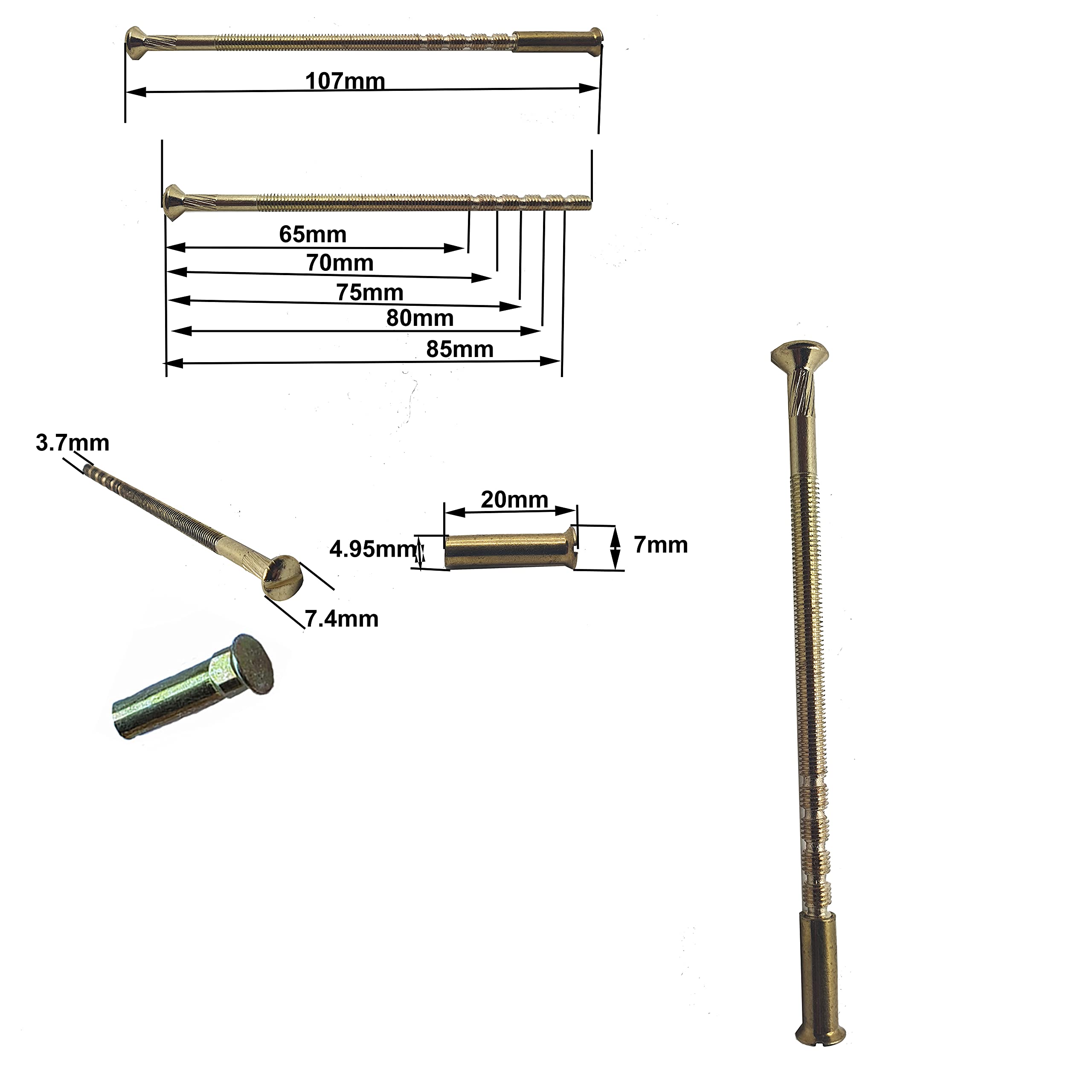M4 x 90mm Brass Door Handle SLOTTED Screws with Brass Security Bolt Carriage Sleeve Male to Female Connecting Screws for Door Handle Knobs Escutcheons and Others (Pack of 2) - Image 2