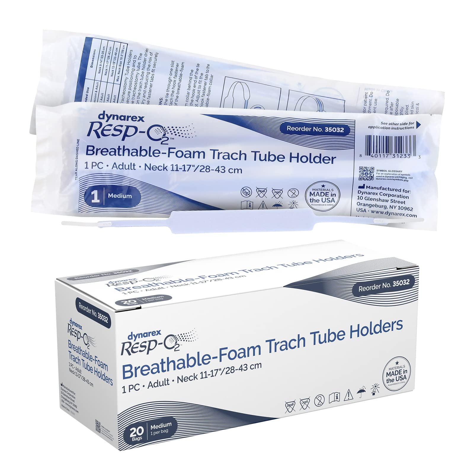 Dynarex Breathable Foam Trach Tube Holder - Adjustable Tracheostomy Tube Holder with Soft Outer Ties, Hook-and-Loop Closure - Tracheostomy Care Supplies - Medium, Box of 20