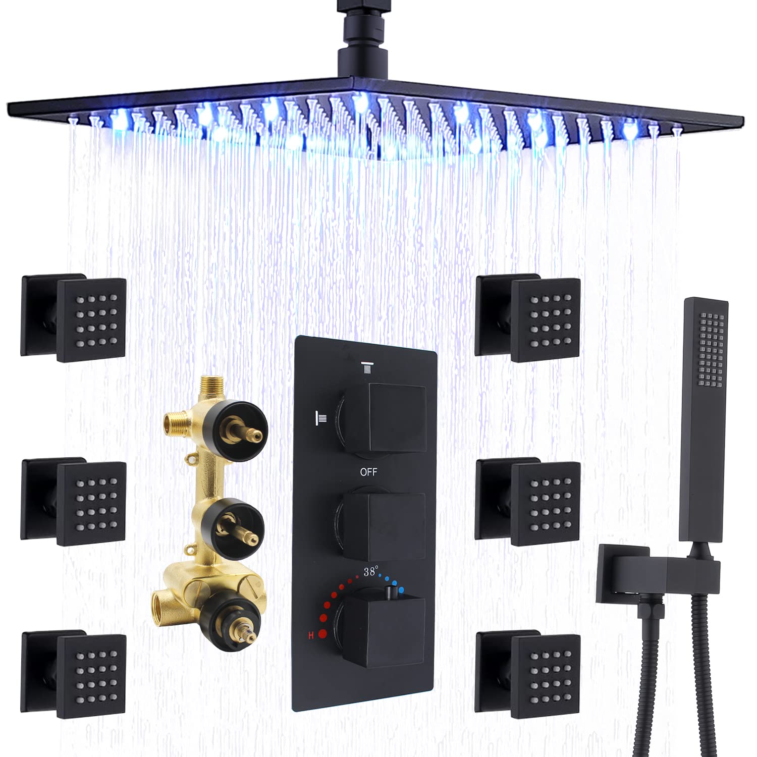 HOMEDEC Matte Black Thermostatic Ceiling Shower System with Body Jets, 12" Rainfall Shower Faucet Fixtures Set with Mixer Valve and Handheld Brass Shower Combo Kit for Modern Bathroom