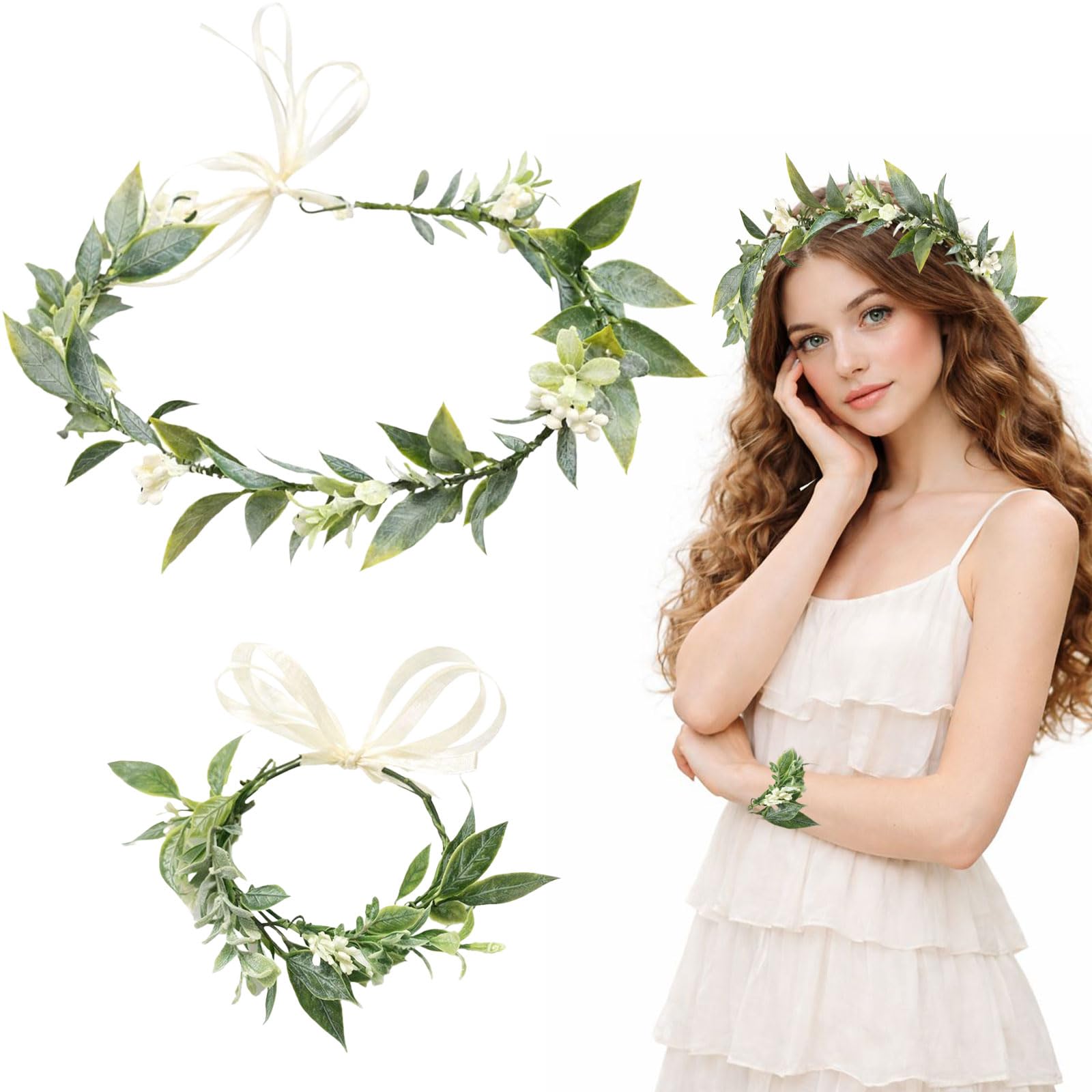 GWAWG Green Leaf Crown Set with Green Crown and Flower Bracelet Adjustable Forest Bohemian Wreath Headpiece for Bridal, Forest Costume Wedding Party