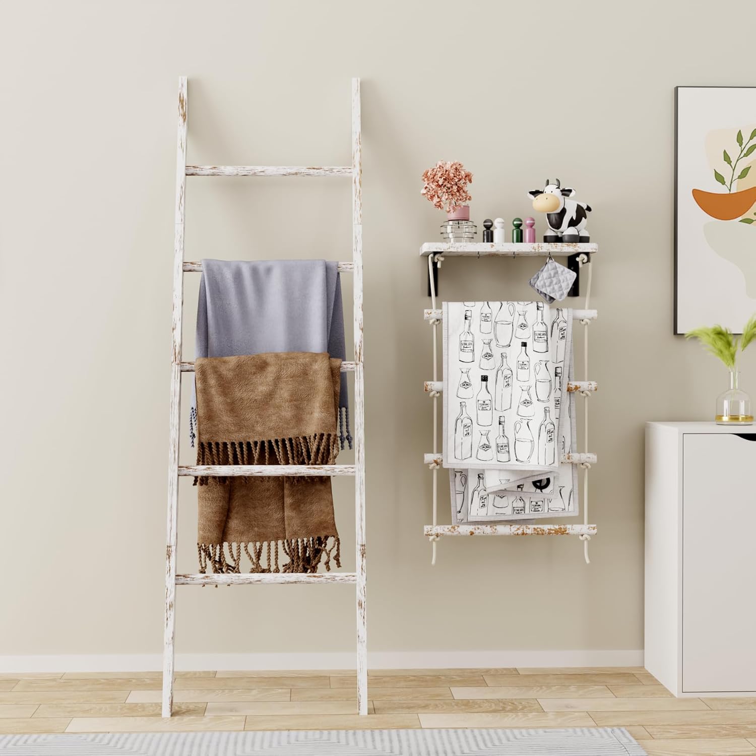 Blanket Ladder Wooden Wall Folating Shelves, Blanket Quilt Holder Rack Decorative Ladder, Easy Assembly, Rustic Farmhouse Ladder Shelf for The Living Room Bedroom Bathroom Home Decor, White Wash