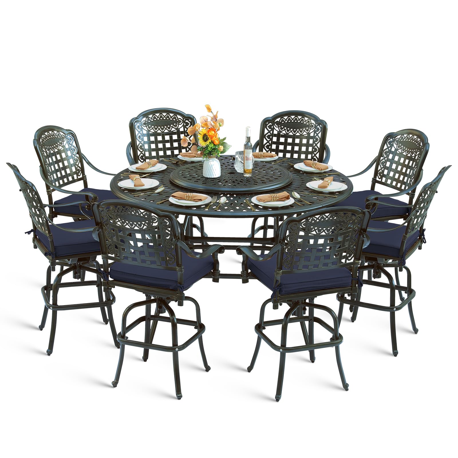 MEETWARM 10-Piece Outdoor Bar Set, All Weather Cast Aluminum Patio Bar Furniture with 8 Cushioned Swivel Bar Stools, Large 61" Round Patio Bar Height Table with Detachable Lazy Susan, Umbrella Hole
