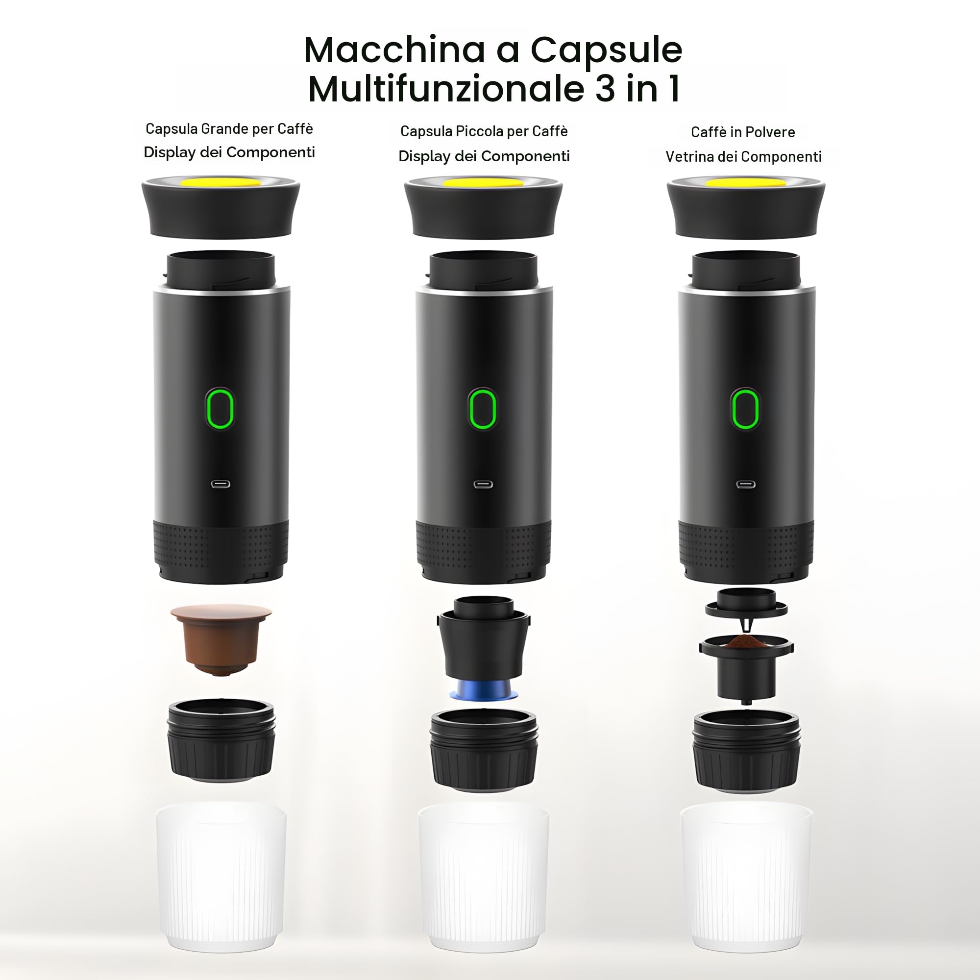Macchina per caffè espresso elettrica portatile, macchina per caffe a batteria per viaggi in campeggio, macchina per caffè espresso autoriscaldante da 12 V compatibile con caffè macinato e capsule NS