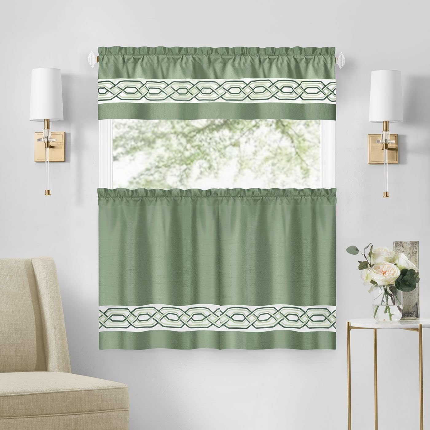 ACHIM Paige Window Curtain Valance - 55 Width, 13 Length, 1.5 Inch Rod Pocket - White - Ultra-Soft Light Filtering Fabric with Geometric Embroidered Pattern & Machine Washable Home Decor