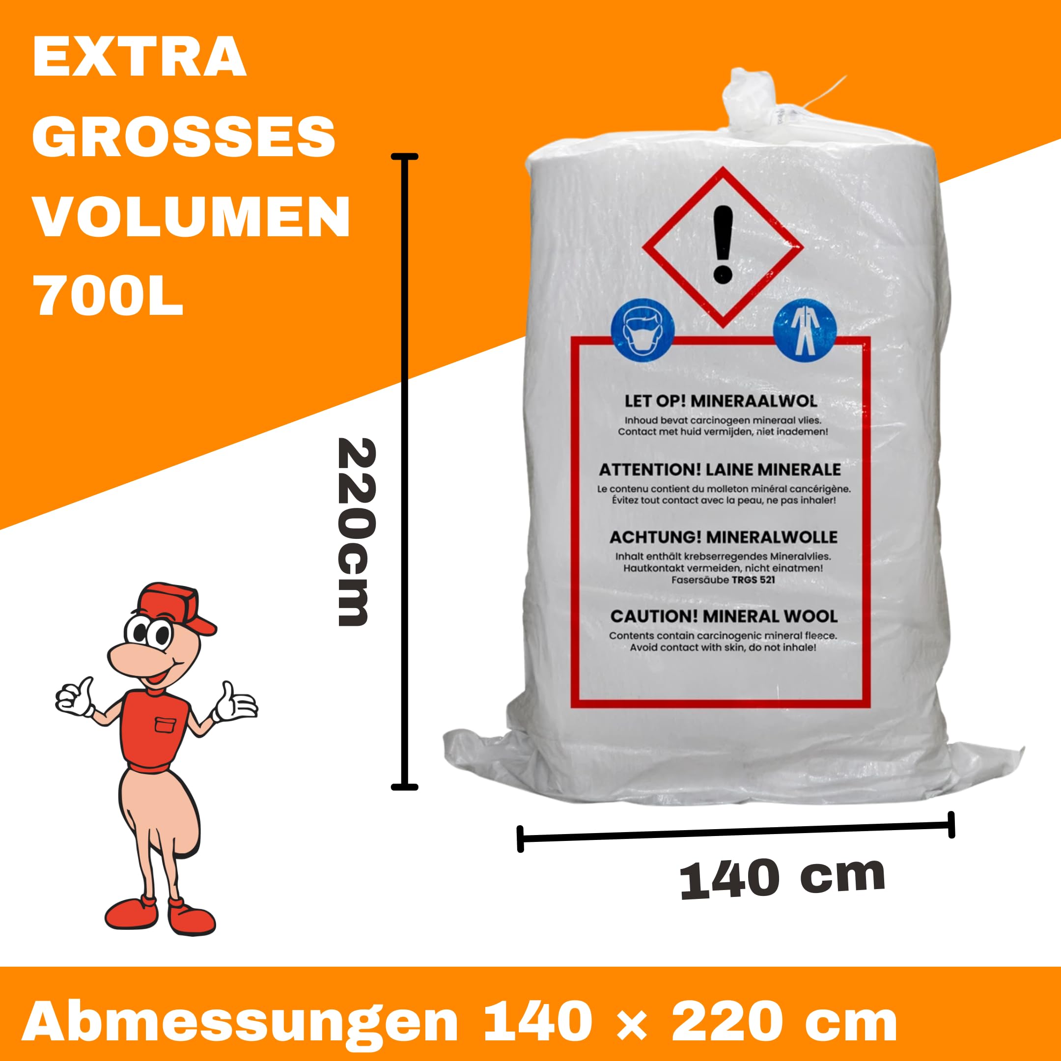 KMF Säcke für Glaswolle & Mineralwolle 140×220 cm, 700L (10 Stück)