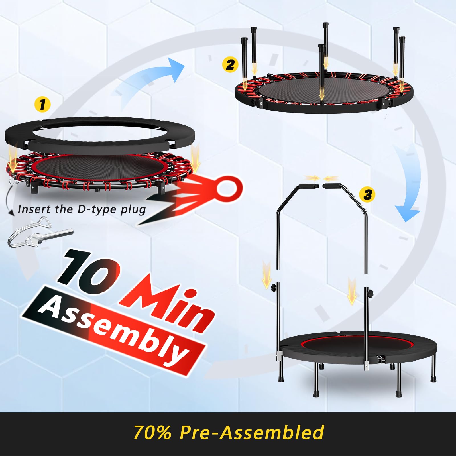 Trampolina fitness, składana, 101 cm, z uchwytem mocującym, mini trampolina z 30 linami bungee, cicha i przyjazna dla stawów, uchwyt N z regulacją wysokości, 6 nóg – trampolina do domu i cardio