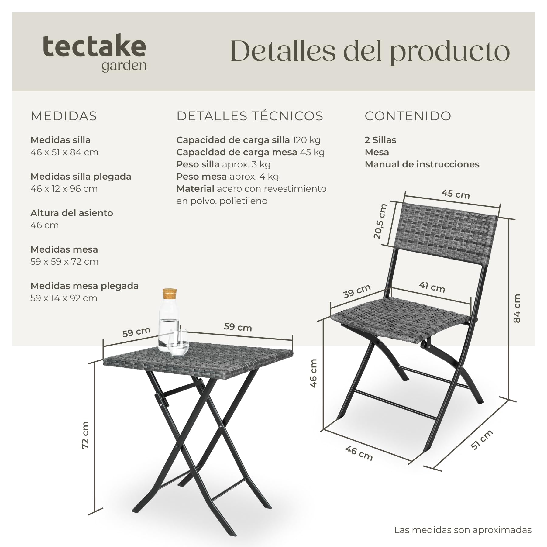 tectake® Conjunto Jardín Exterior de Ratán y Acero para 2 Personas, Muebles Jardín Exterior Resistentes a Intemperie, 2 Sillas y 1 Mesa, con Topes de Plástico, Plegable, Ligero y Compacto - Gris — view 8