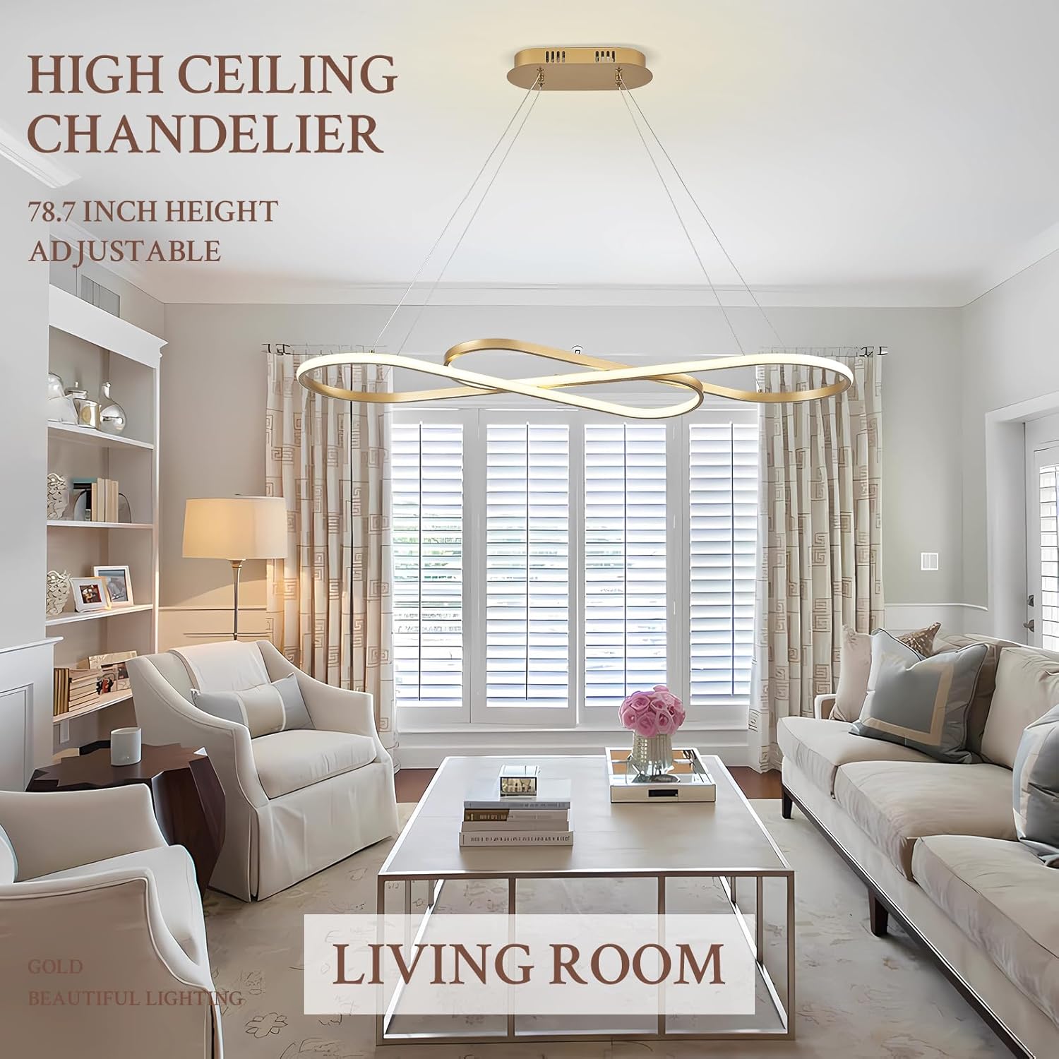 Modern LED Chandelier Gold Dimmable LED Pendant Light for Dining Room Light Fixture Over Table Modern Kitchen Island Lighting High Ceiling with Remote for Living Room(42 Inch, 3000K-6500K)