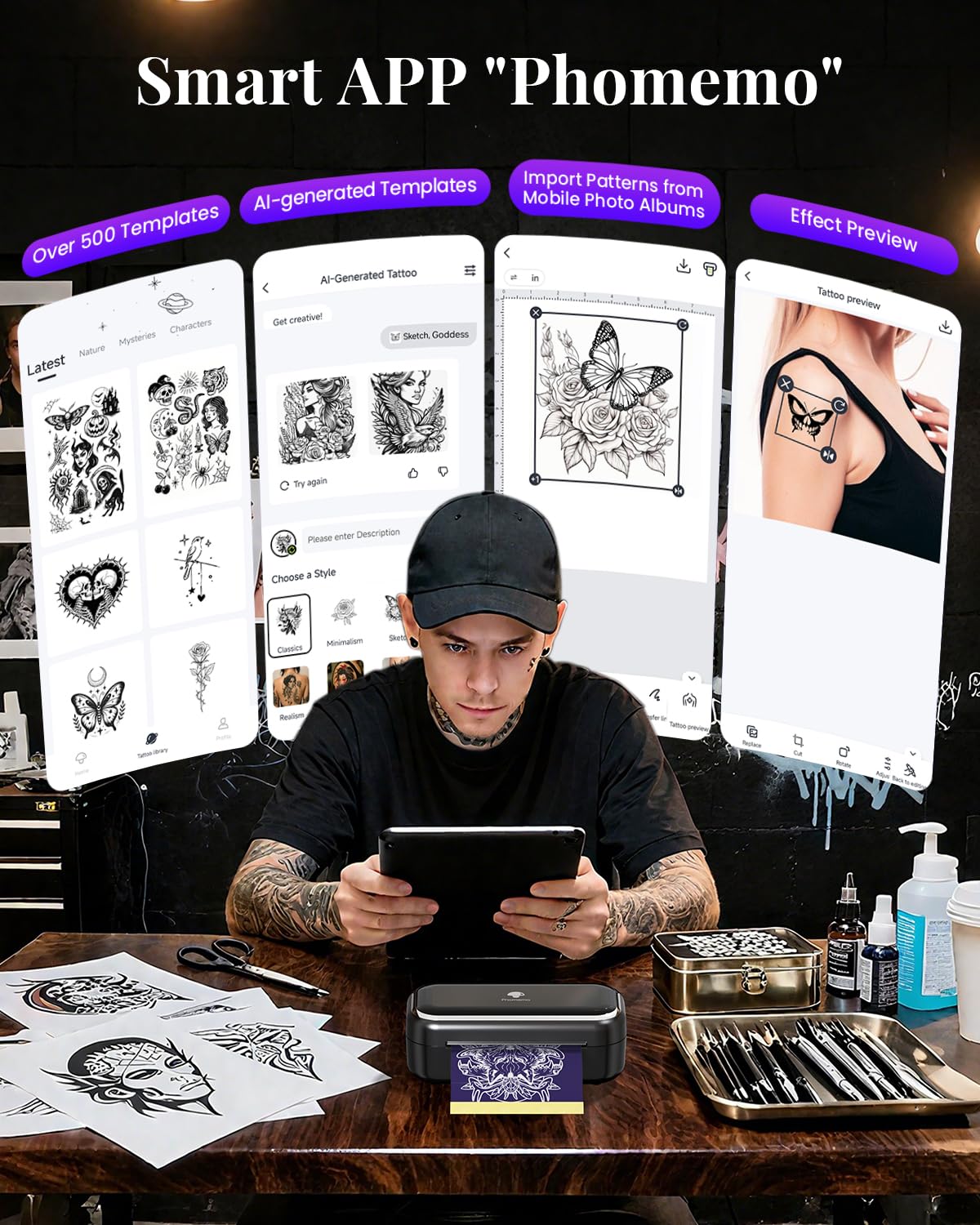 Phomemo TP31 Stampante Per Tatuaggi, Stampante Stencil Tattoo con 10 Carte di Trasferimento Compatibile Con il Telefono, Tablet e PC per Artisti e Principianti
