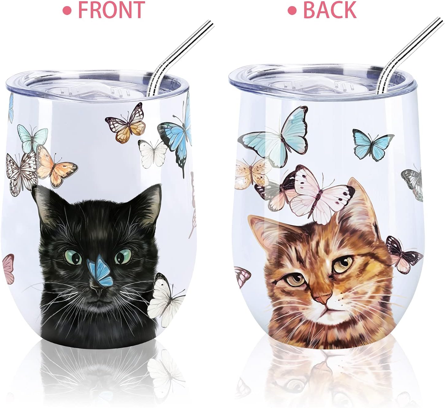 NymphFable 12oz Cat Cup Wine Tumbler With Straw And Lid Insulated Stemless Wine Glass Stainless Steel Double Wall - Image 2