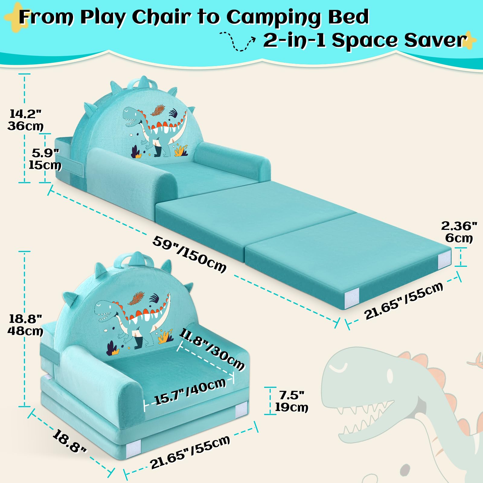 Canapé Enfant Dinosaure, 2-en-1 Chaise Pliante pour Enfants, 150cm canapé en Velours Cristal Doux pour Les Enfants en Bas âge pour la Chambre à Coucher, Le Salon