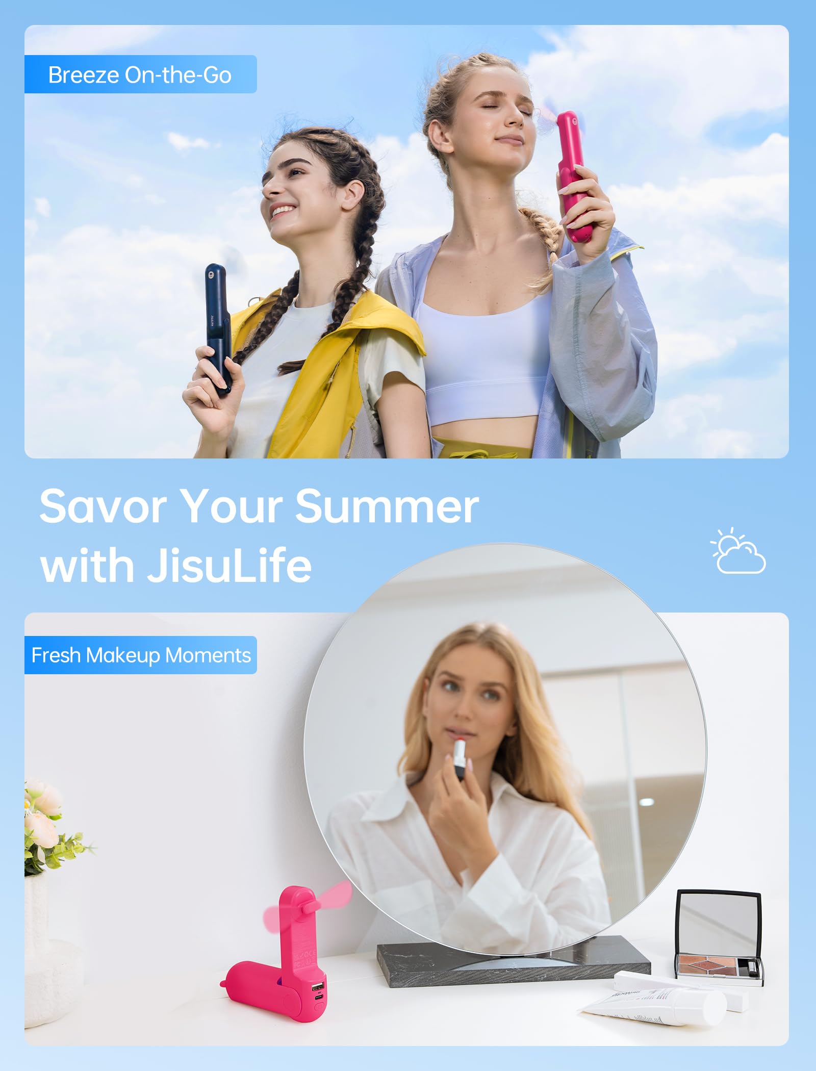 JISULIFE 3 IN 1 Portable Fan with Power Bank & Flashlight Featured, Fuchsia, liten - Image 6