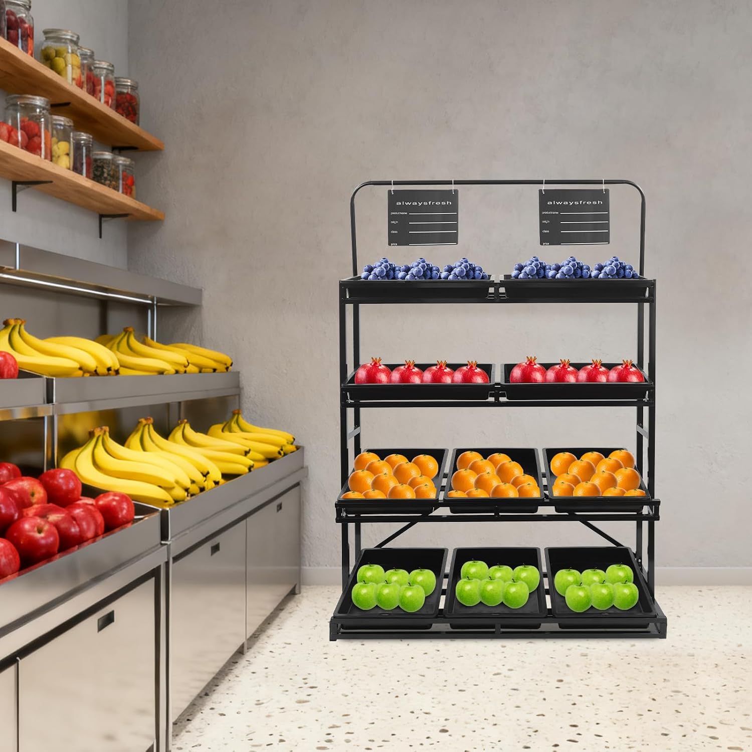 4 Tier Supermarket Fruit Vegetable Storage Rack, Retail Display Rack Market Shelf with 10 Slanted Baskets & 2 Product Labels, Floor Standing Metal Fruit Vegetable Snacks Display Shelf Organizer