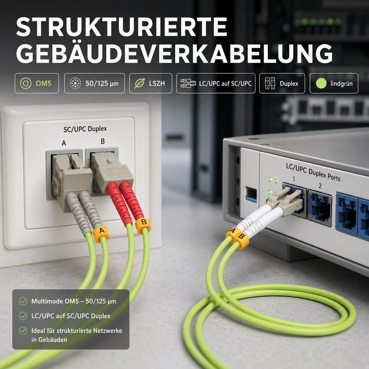 1 câble de brassage duplex OM5 LWL DX de 30 m, LC/UPC - SC/UPC MM multimode, 50/125 µm, LSZH, vert citron.