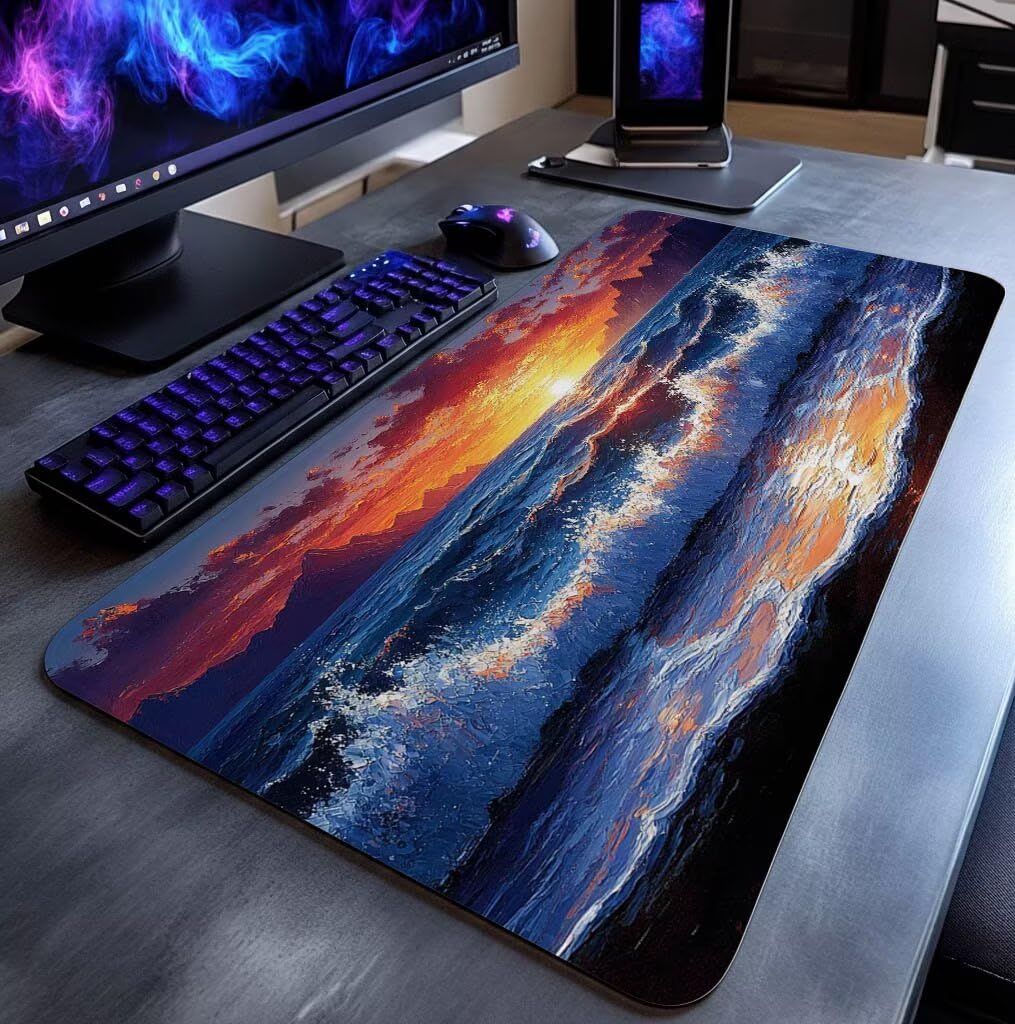 Podkładka pod mysz fale morskie XXL podkładka pod mysz 140 x 60 x 0,3 cm Podkładka pod mysz z antypoślizgową gumową podstawą do przenośnej klawiatury Gamer PC Dekoracja jesiennego biura krajobraz DBYH