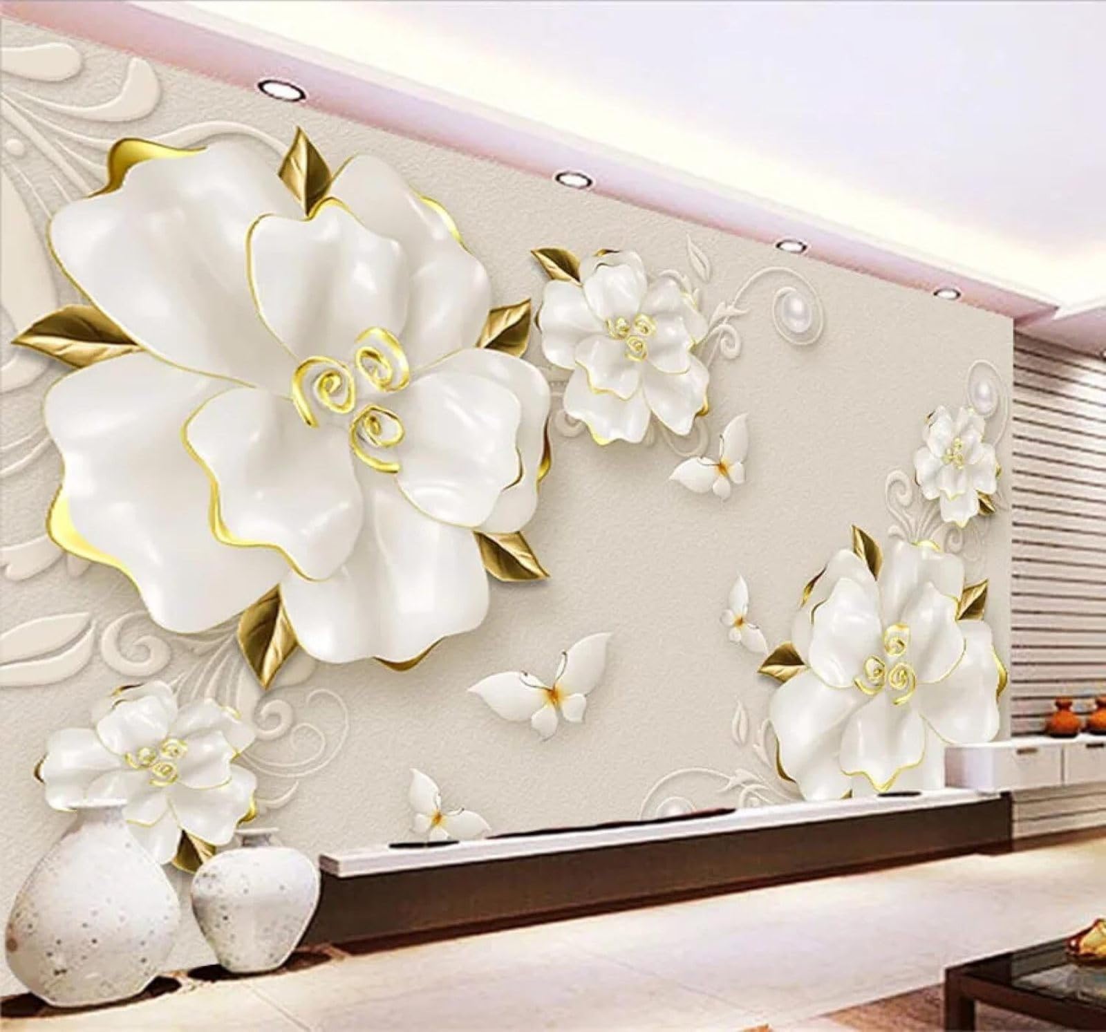 XLMING Three Dimensional White Roses Butterflies Jewellery 3D Wallpaper Luxury Home Dining Decor Paste Sofa Living Room The Wall for Bedroom Mural-430cm×300cm