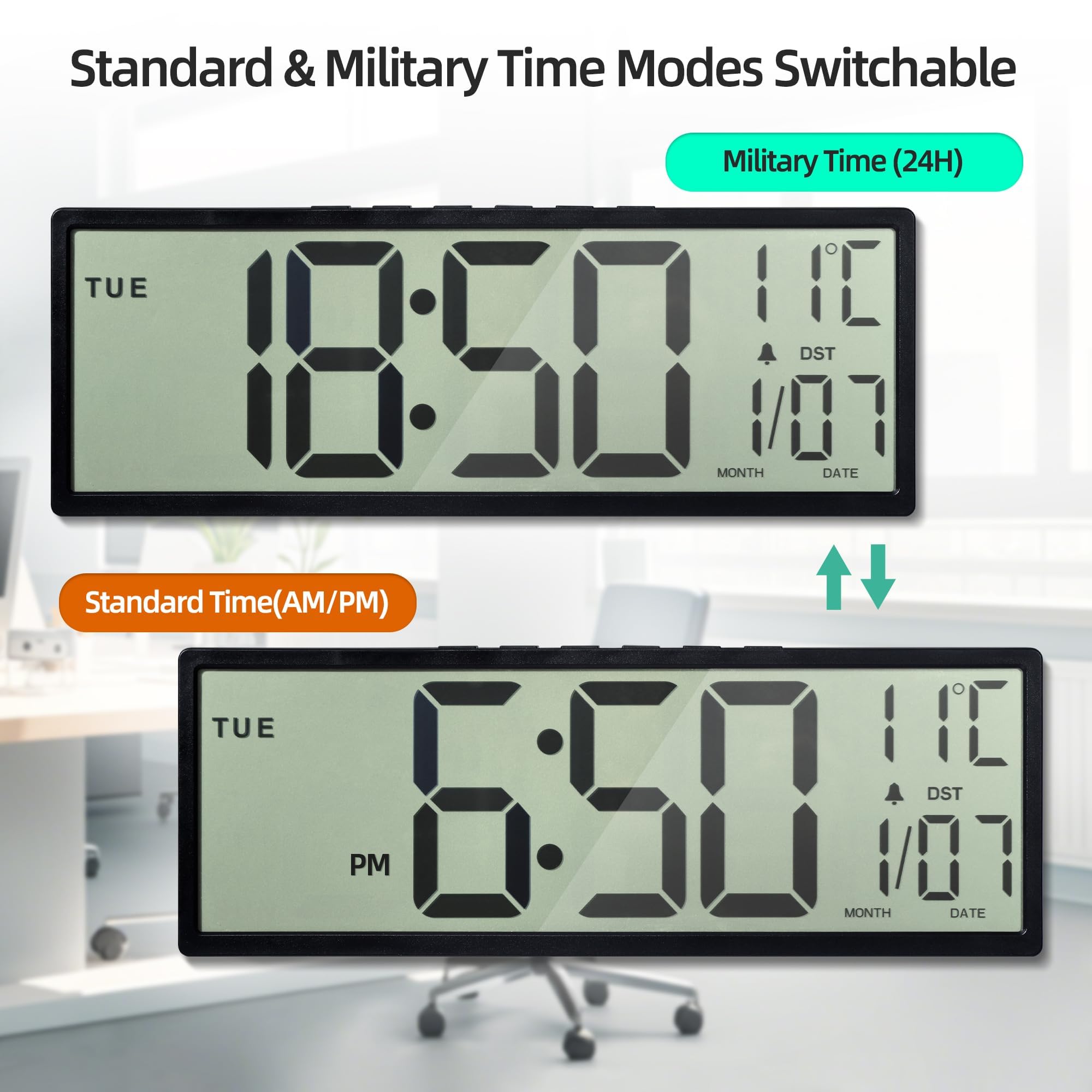15" Digitale Wanduhr Batteriebetrieben – Große Kabellose LCD Wanduhr mit Datum, Wochentag, Temperatur, Automatischer Sommerzeit, 12/24-Stunden-Anzeige, Alarm & Schlummerfunktion