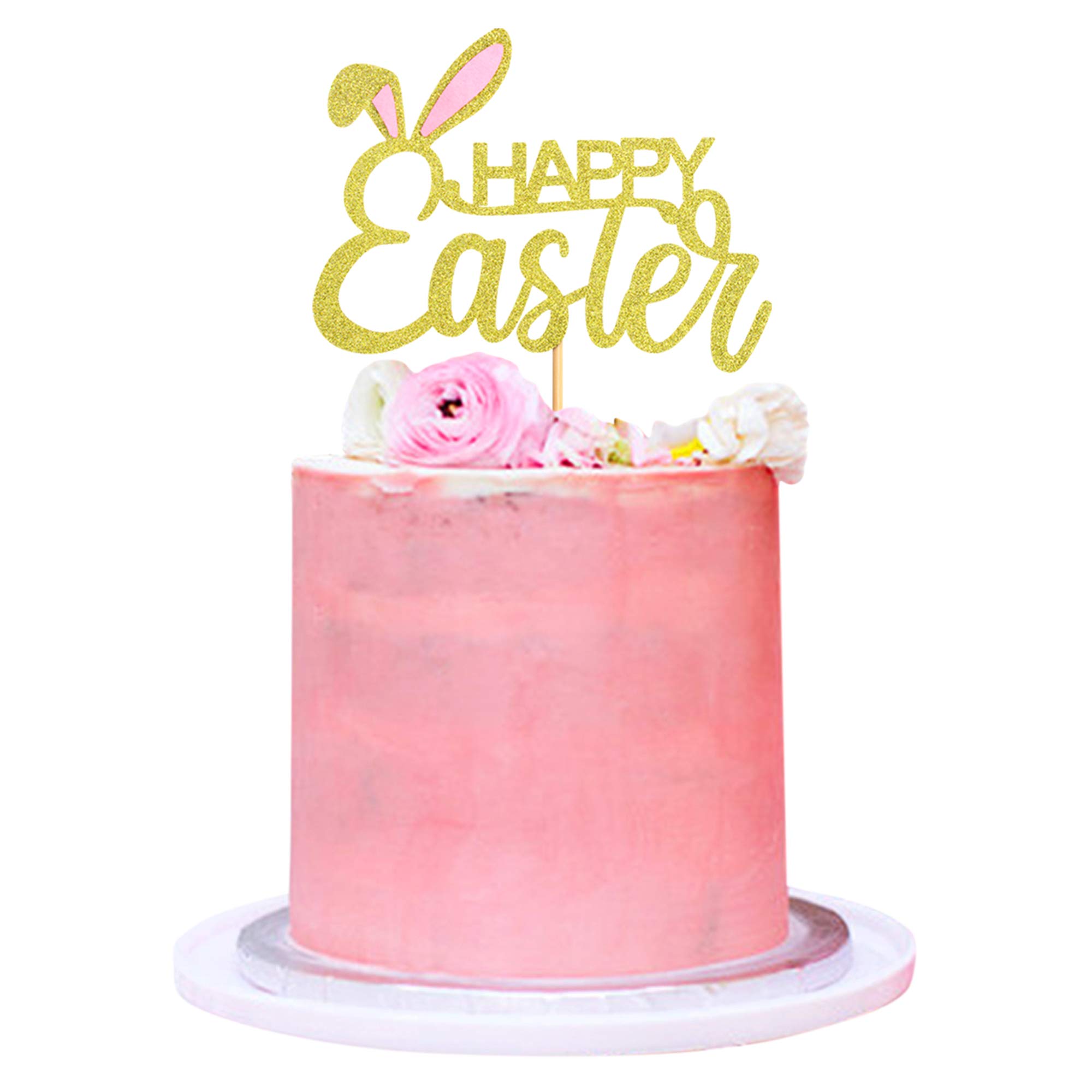 Ercadio1 Pack Happy Easter Cake Topper with Bunney Ear Gold Glitter Cake Pick Easter Theme Party Cake Decorations Supplies