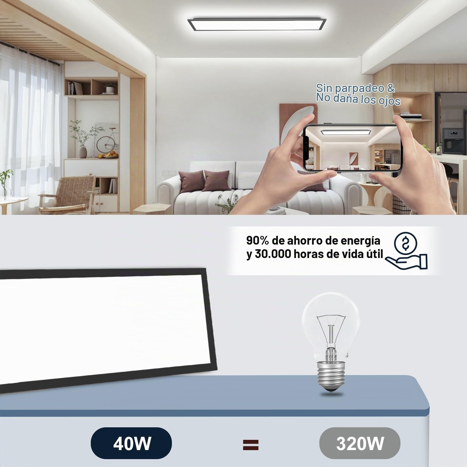 Lámpara de Techo LED Panel Dimmable 120x30cm con Control Remoto, 40W, Panel de Techo con Iluminación Indirecta RGB, Función de Memoria, 3000K-6500K, Luz de Día, para Cocina, Sala de Estar, Oficina