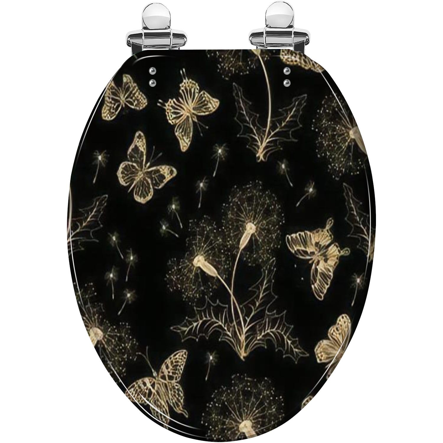 Elongated Toilet Seat Butterflies dandelions pattern Butterflies dandelions gold color a Resin Toilet Seat Quietly Slow Close with Quick-Release Hinges Toilet Seat with Cover Easy to Clean Install