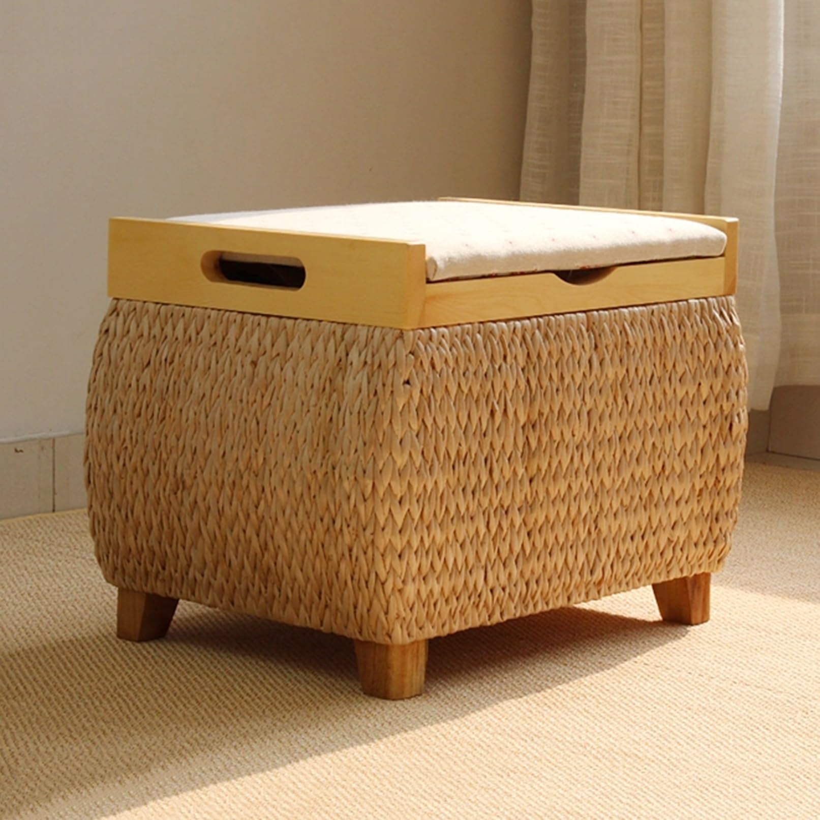 Zqkjlh Beige Rattan Storage Ottoman Footrest Makeup Vanity Stool Modern Upholstered Stool With Lid Bench Chaise Pouf Ottoman For Living Room Bedroom Apartment Hallway Accent(,40 * 30 * 32Cm)