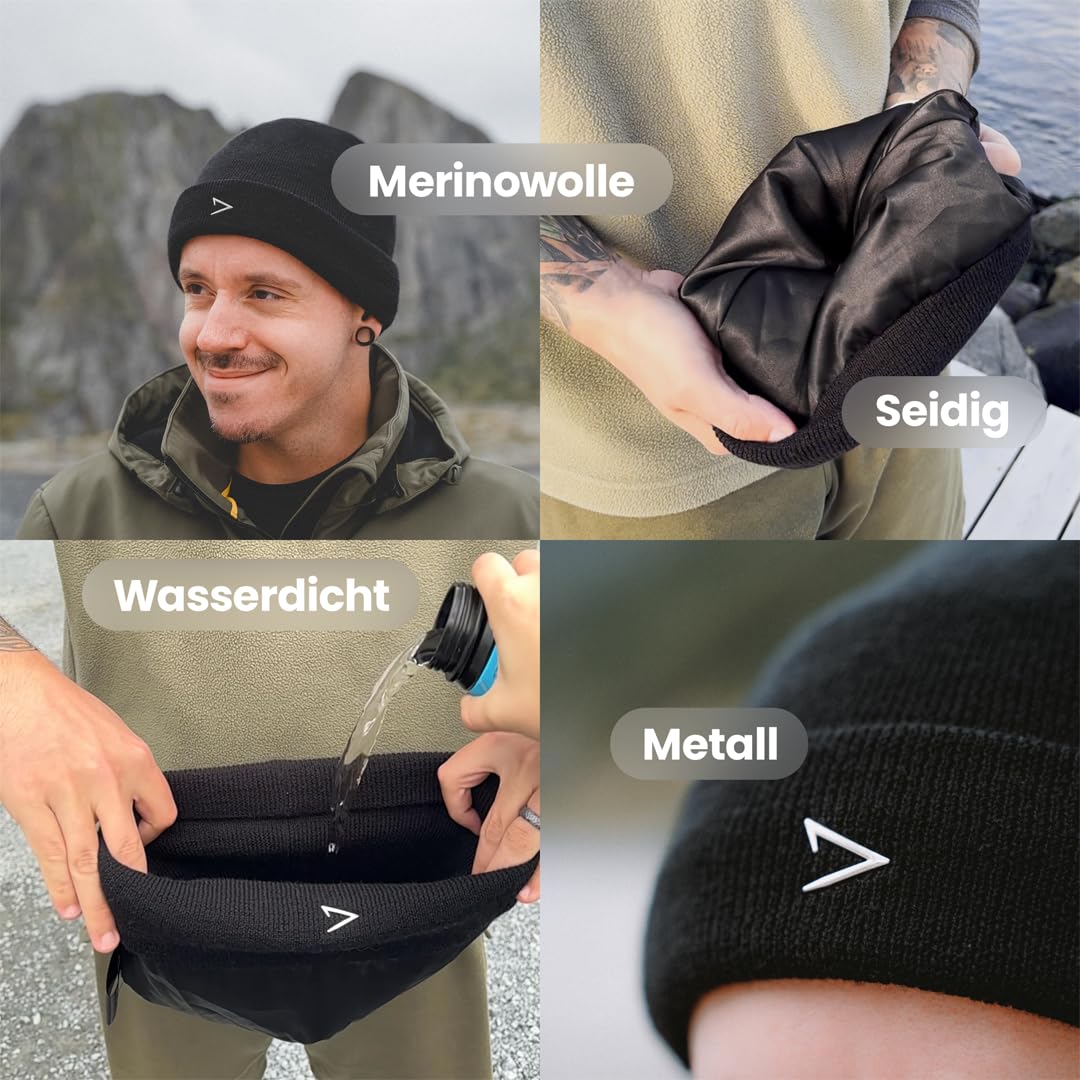 apol Merino MÜTZE - 100% australische Merinowolle, wasserdichte Membran, seidiges Futter, Metall-Logo - Premium Beanie