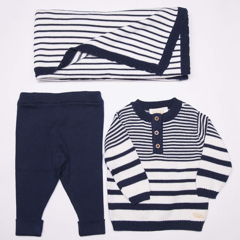 Baby Organic Cotton Striped Swaddling Blanket with Pointelle, Scalloped Border (Navy Blue and Off White Stripe)