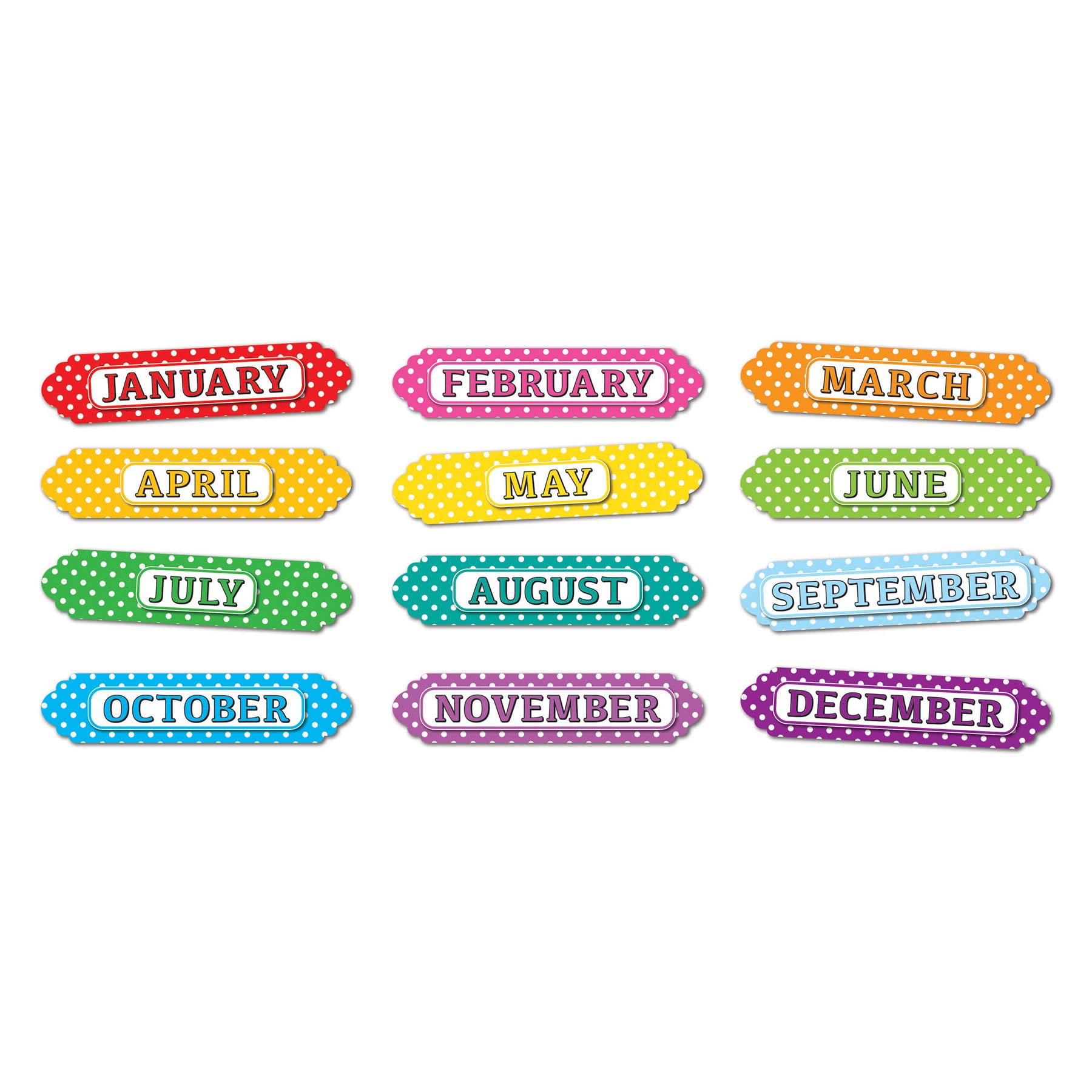 Ashley Productions Magnetic Die-Cut Timesavers & Labels, Months of the Year, White Polka Dots On Assorted Colors, 12 Pieces