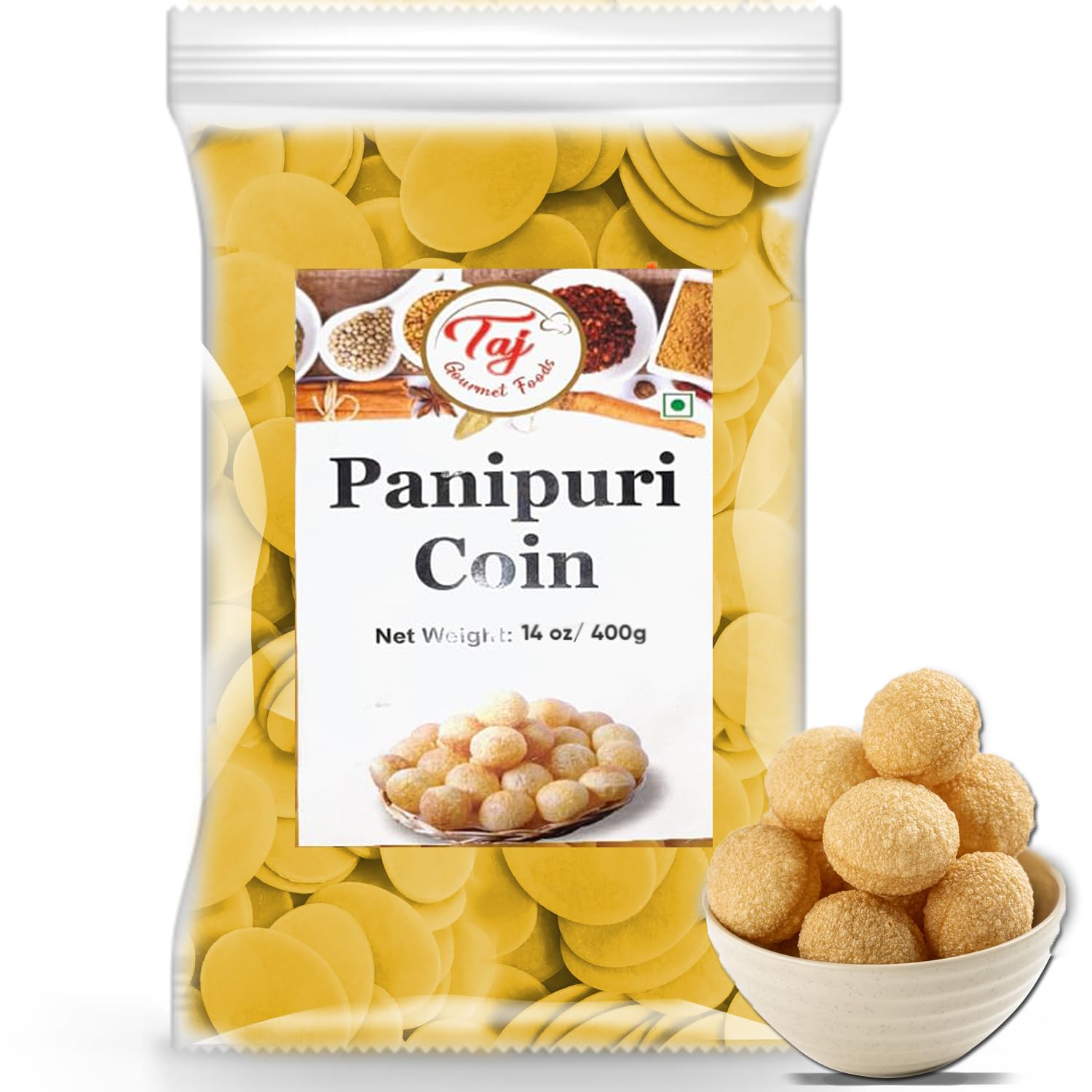 TAJ Pani Puri Coins | Flat Puri | Uncooked | Microwaveable | 14oz (400g)