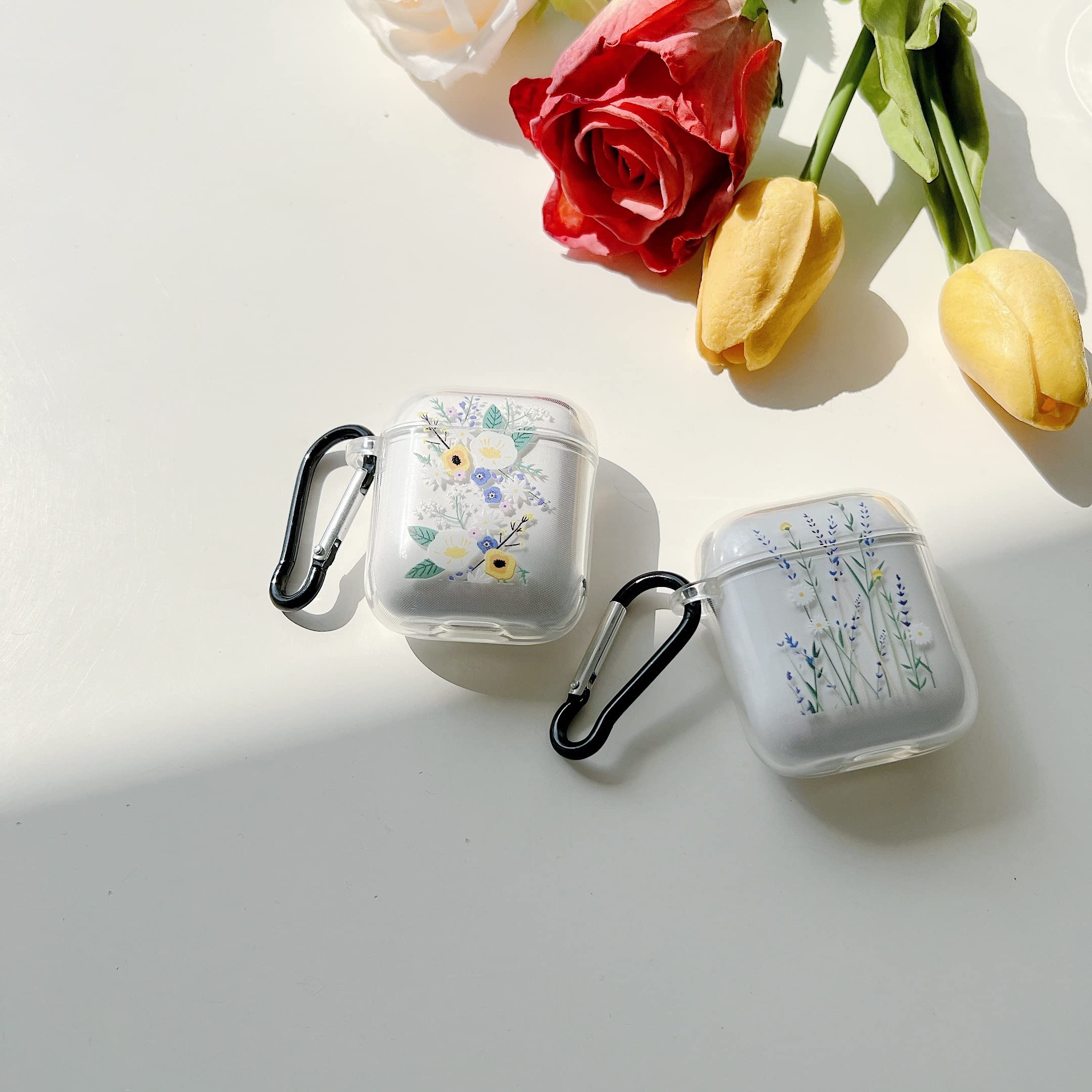 AirPods 1 & 2 Hülle Mit Blumen-Design – Klare TPU-Hülle Mit Schlüsselanhänger, Stoßfest, Lila