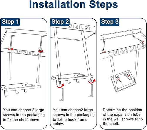 Miniatura 7 de Toalleros para baño montados en la pared, toalleros de metal con estante y 3 ganchos, organización de almacenamiento de toallas de baño enrolladas