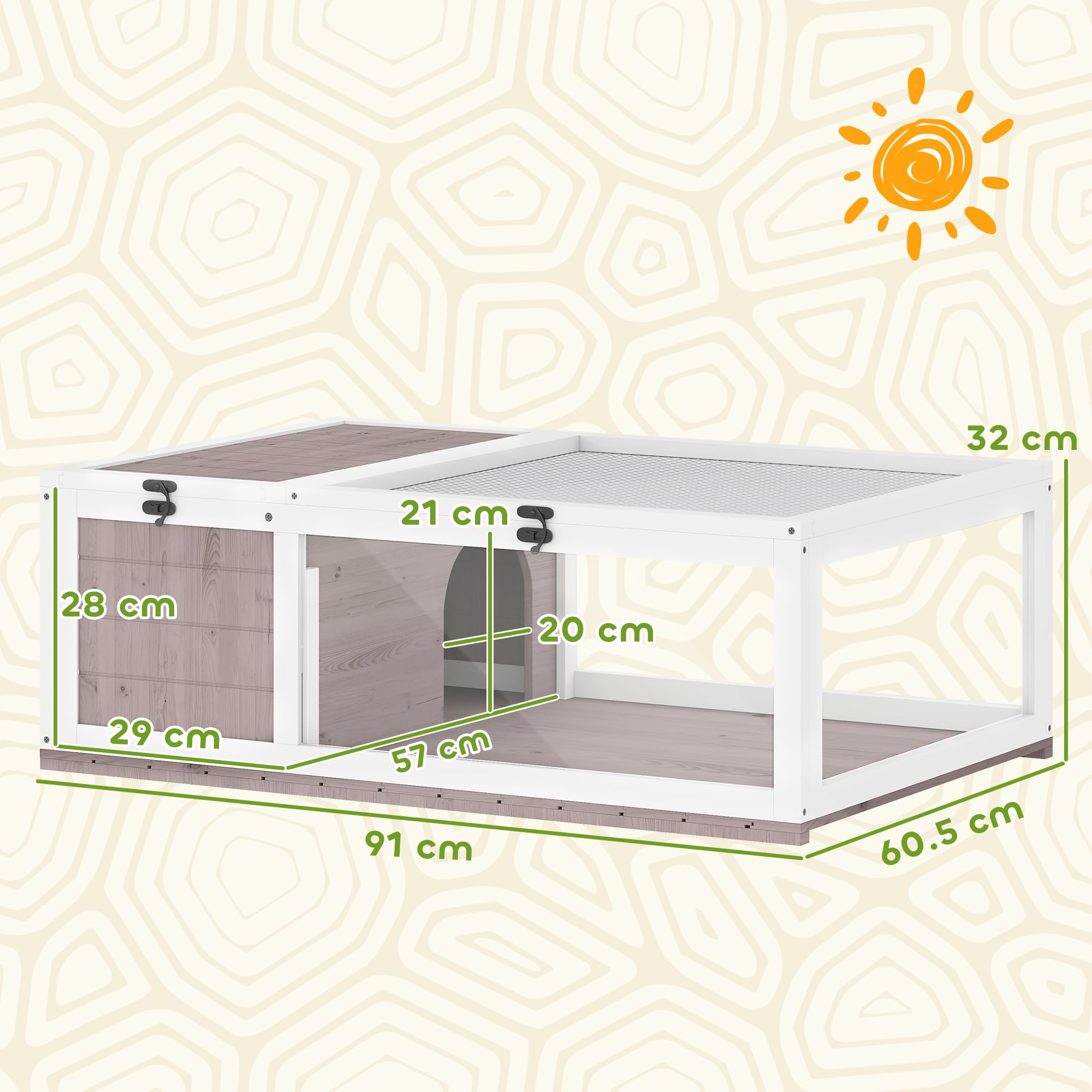 PawHut Casa per Tartarughe di Terra con Pannello Apribile e 2 Spazi Separati, Terrario Tartarughe di Terra in Legno di Abete e Acciaio Zincato, 91x60.5x32 cm, Marrone Chiaro
