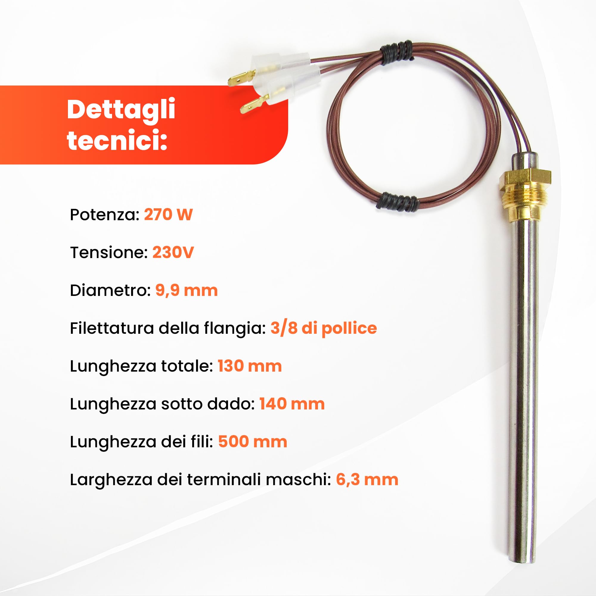 Candela di accensione per stufa a pellet, 270 W, 130/140 mm, diametro 9,9 mm, filettatura 3/8 con connettori rapidi, GARANZIA DI 2 ANNI